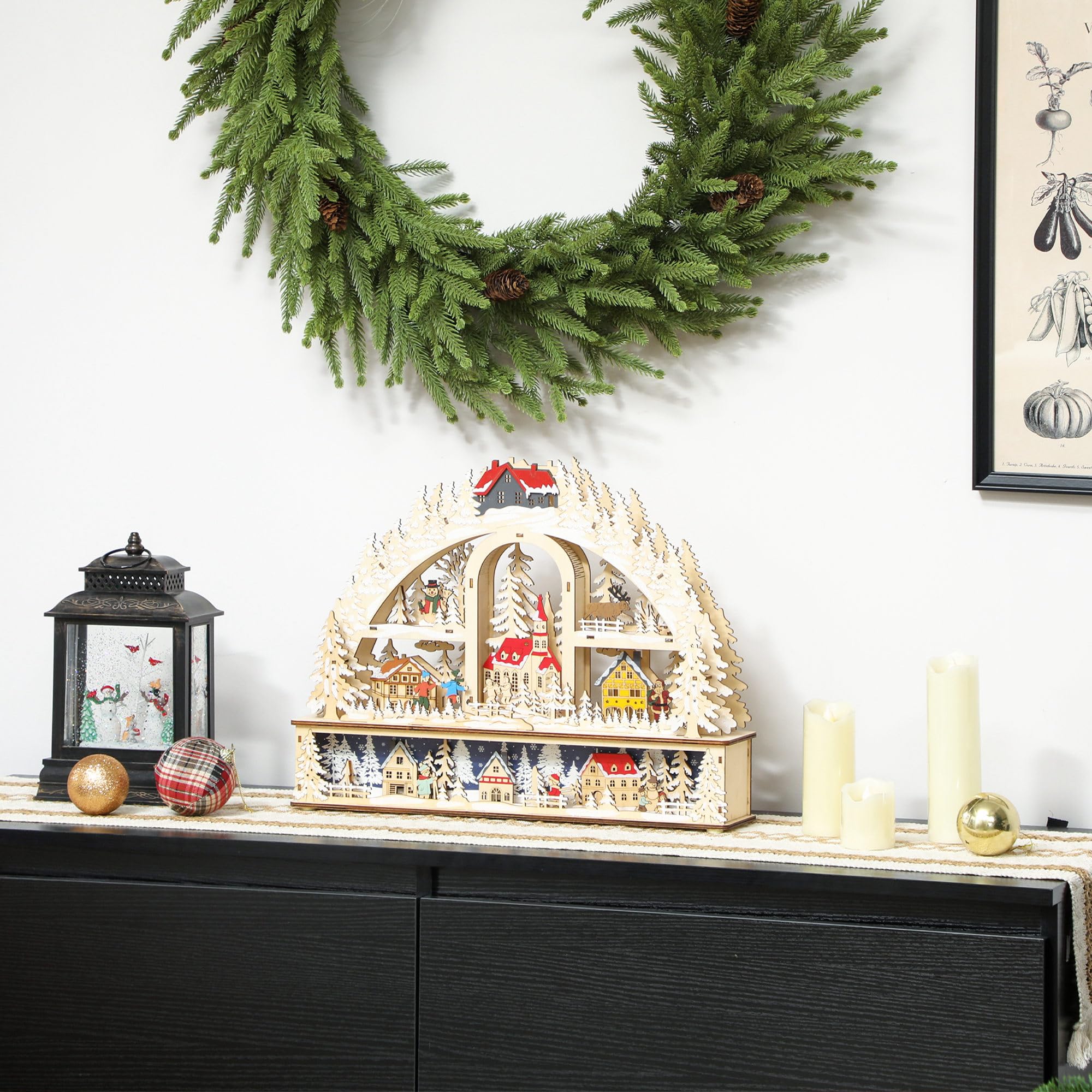 HOMCOM Weihnachtsdorf mit LED-Leuchtung 45 cm Schneemann Renntier Bäume | Weihnachtsstadt, Weihnachtshaus, Winterlandschaft, Beleuchtet, Winterdorf, für Weihnachten