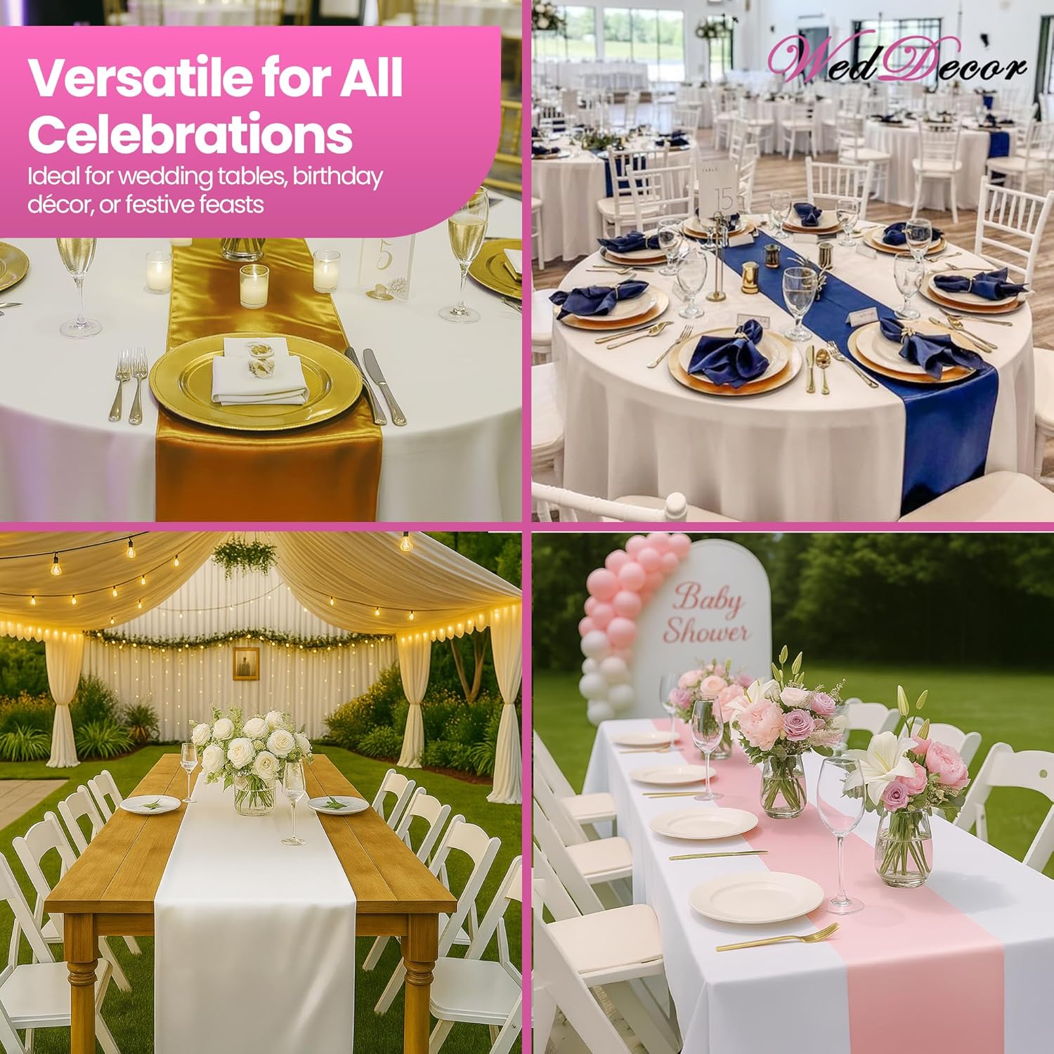 WedDecor Satin Table Runner 11x108 inch Table Runner Dining Room Wedding Festival Decoration Tabletop Decor Smooth Fabric Party Table Runner Holiday Christmas Banquet Home Decor Kitchen Runner, 10pcs