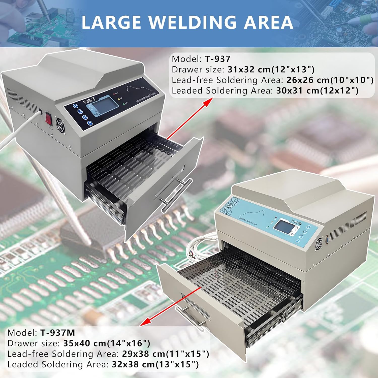 Intelligent Infrared IC Heating Reflow Oven,8 Predefined Soldering Cycles,Infrared Quartz Heating Tube,Hot Air Circulation,for PCB SMD T-937-110V60Hz