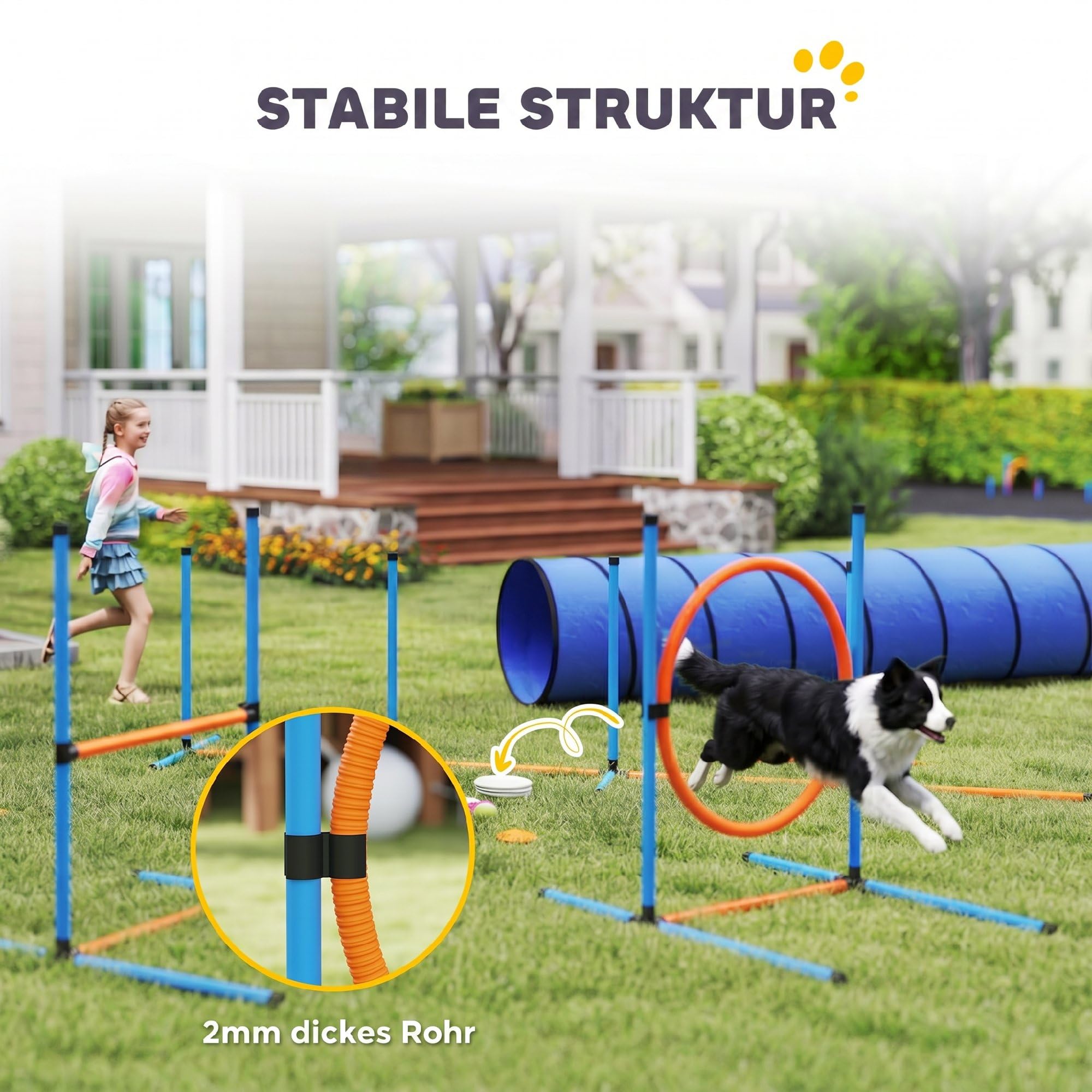 PawHut Zestaw do treningu psów dla Agility 8-częściowy zestaw tuneli | Regulowane przeszkody, pierścień do skakania, platforma do przerwy, miska, zabawka, torba do noszenia, do ogrodu
