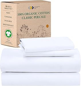 California Design Den Queen Sheet Set - Soft 100% Organic Cotton Sheets with Deep Pockets, Crisp Percale, Breathable and Durable Bedding Set - White