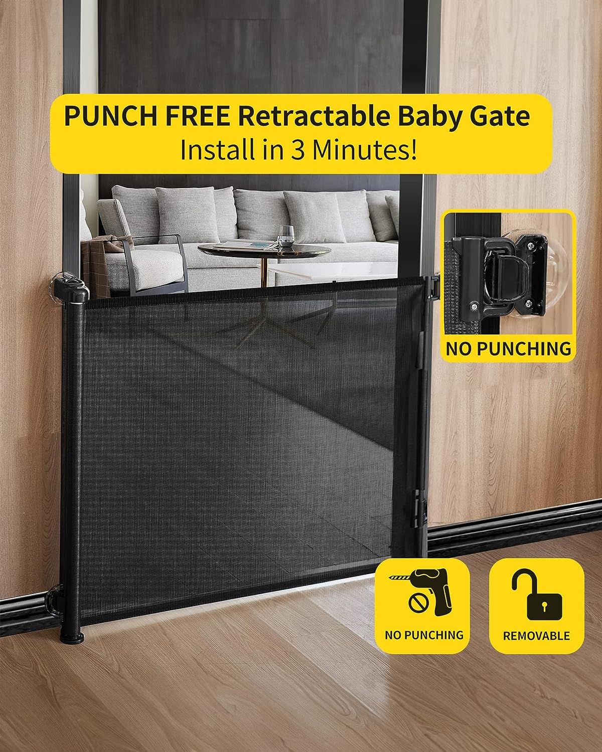 Safety Gate BabyBond Retractable Baby Gates, Punch-Free Install