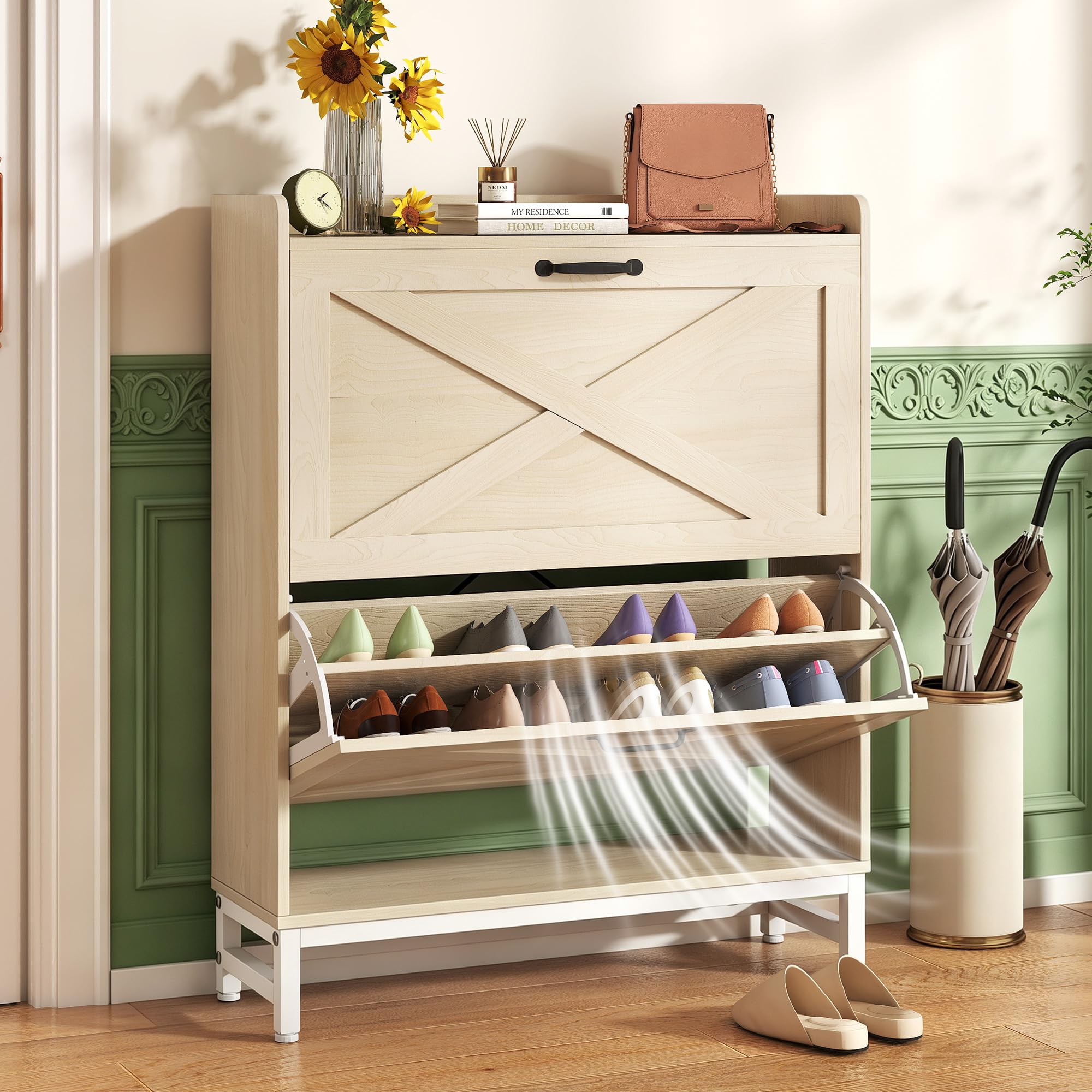 Hawthyhome Slim Shoe Cabinet with 2 Flip Drawers, Tall Hallway Shoe Storage for 12-16 Pairs, Modern Shoe Cupboard with Adjustable Shelves, Metal Handles Legs, 80x24x100cm, Natural Wood Grain