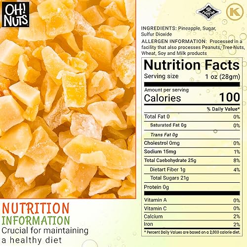 Miniatura 7 de Oh Nuts Piña seca en dados  Bolsa a granel de trozos de piña tropical deshidratados para rebanar y hornear  Bajo en azúcar sodio y colesterol sin