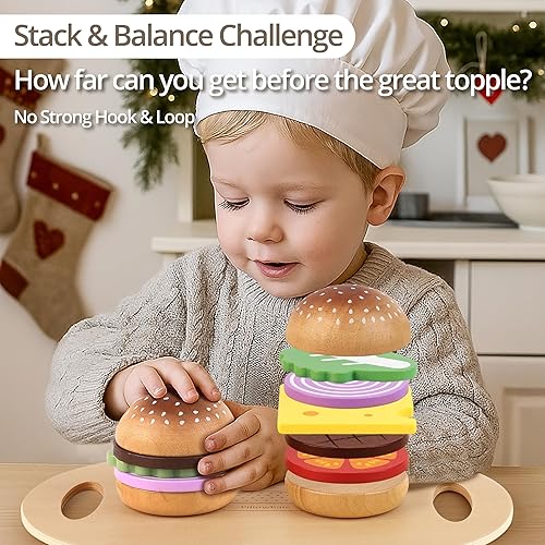 Miniatura 2 de Juguete de madera para niños, accesorios de cocina para niños pequeños, juego de madera para hamburguesas de comida rápida, juguetes educativos,