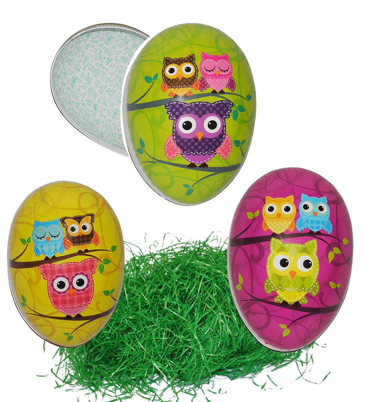 alles-meine.de GmbH XXL Set: Ostergras + 10 Stück Füll - Pappeier 15 cm - Eulen & Eule auf AST - Osterei/Ei zum befüllen - Deko Pappe Papp Pappeier Dekoei Pappostereier Füllen ..