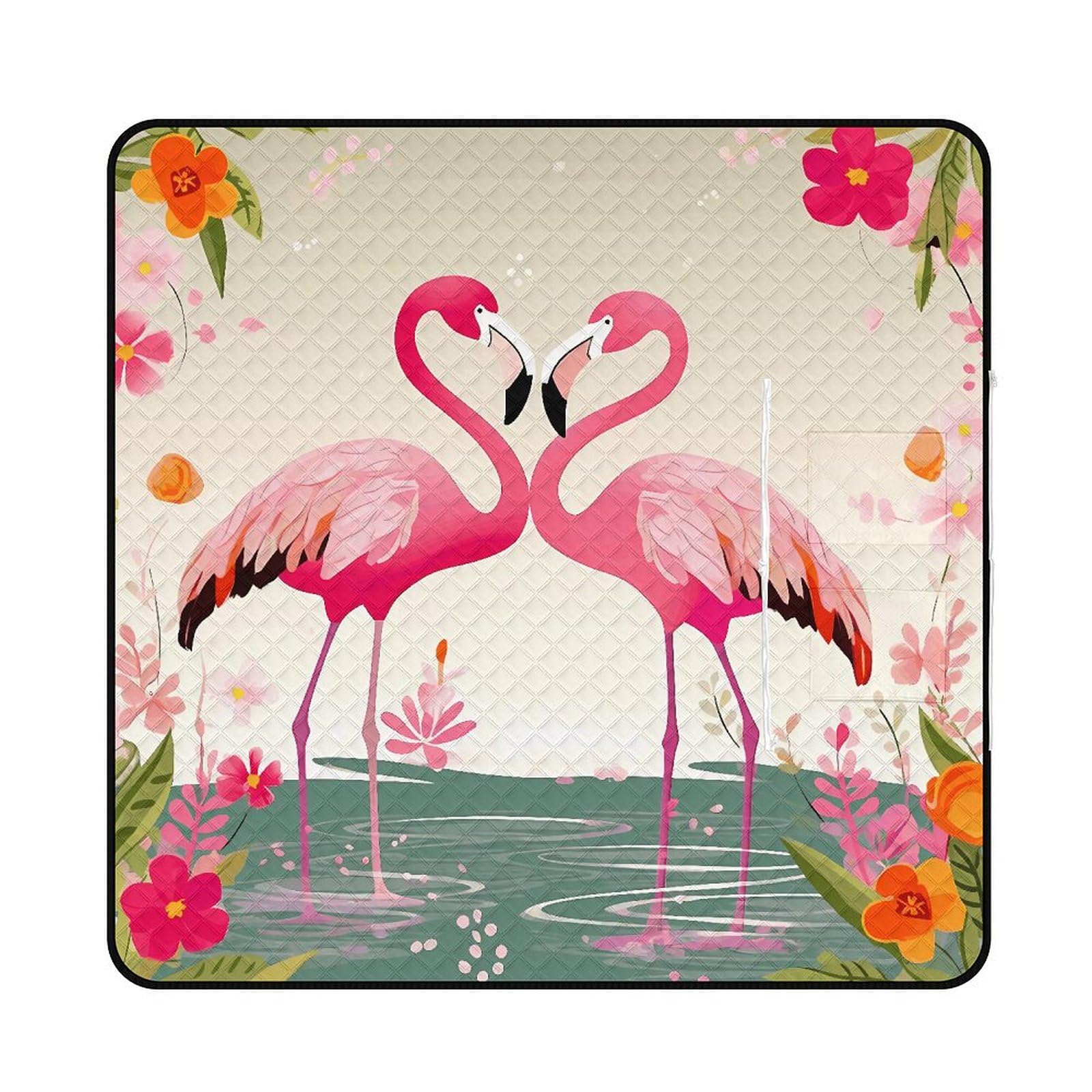 Tapis de pique-nique convertible à fermeture éclair avec motif flamants roses et fleurs - Couverture d'extérieur imperméable et isolante avec sac fourre-tout, pliable pour camping, plage