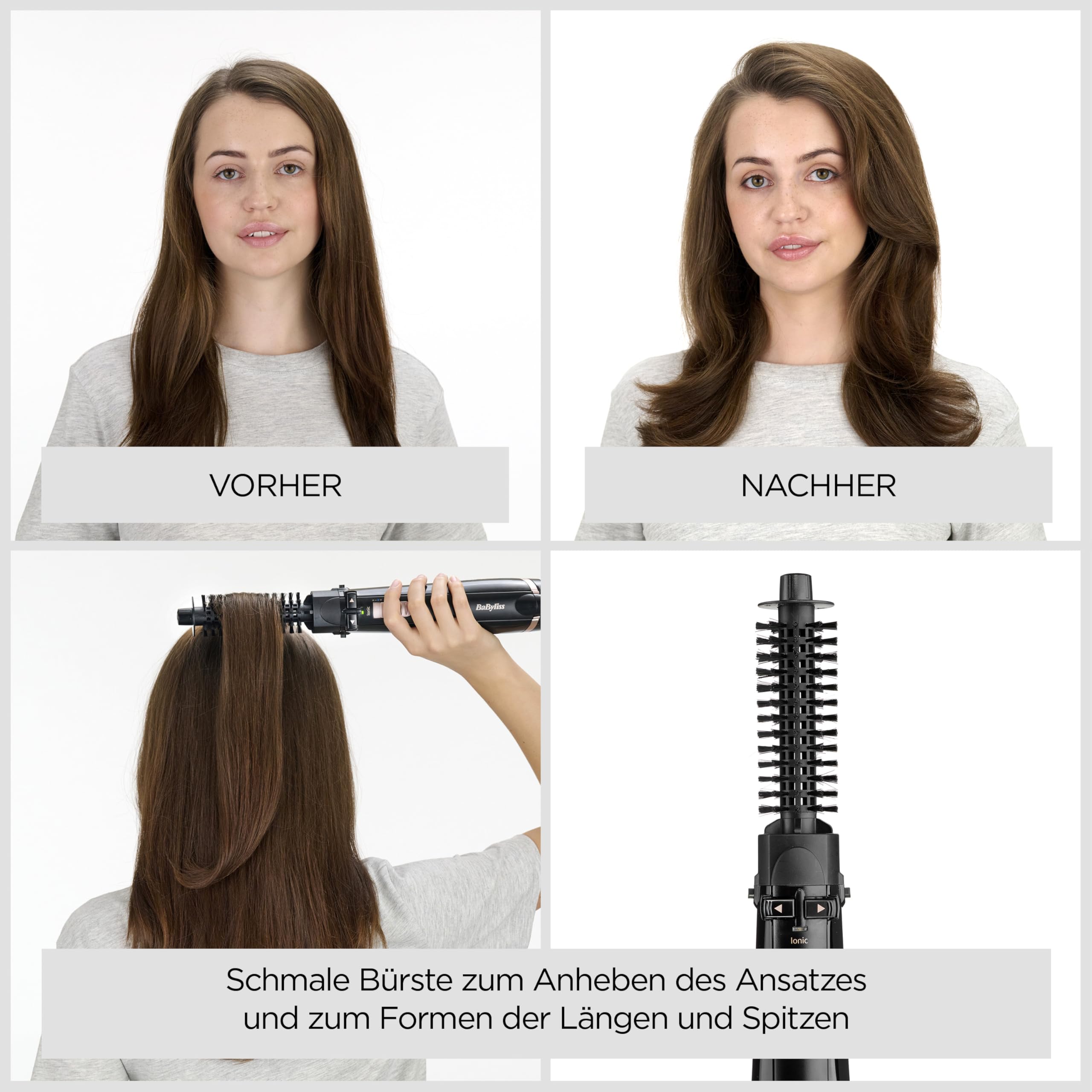 BaByliss Dry, Straighten and Style - Rotierende Warmluftbürste, 1000W Ionen Rundbürstenföhn mit 4 Aufsätzen zum Föhnen, Glätten, Volumen kreieren, Schwarz, AS200E