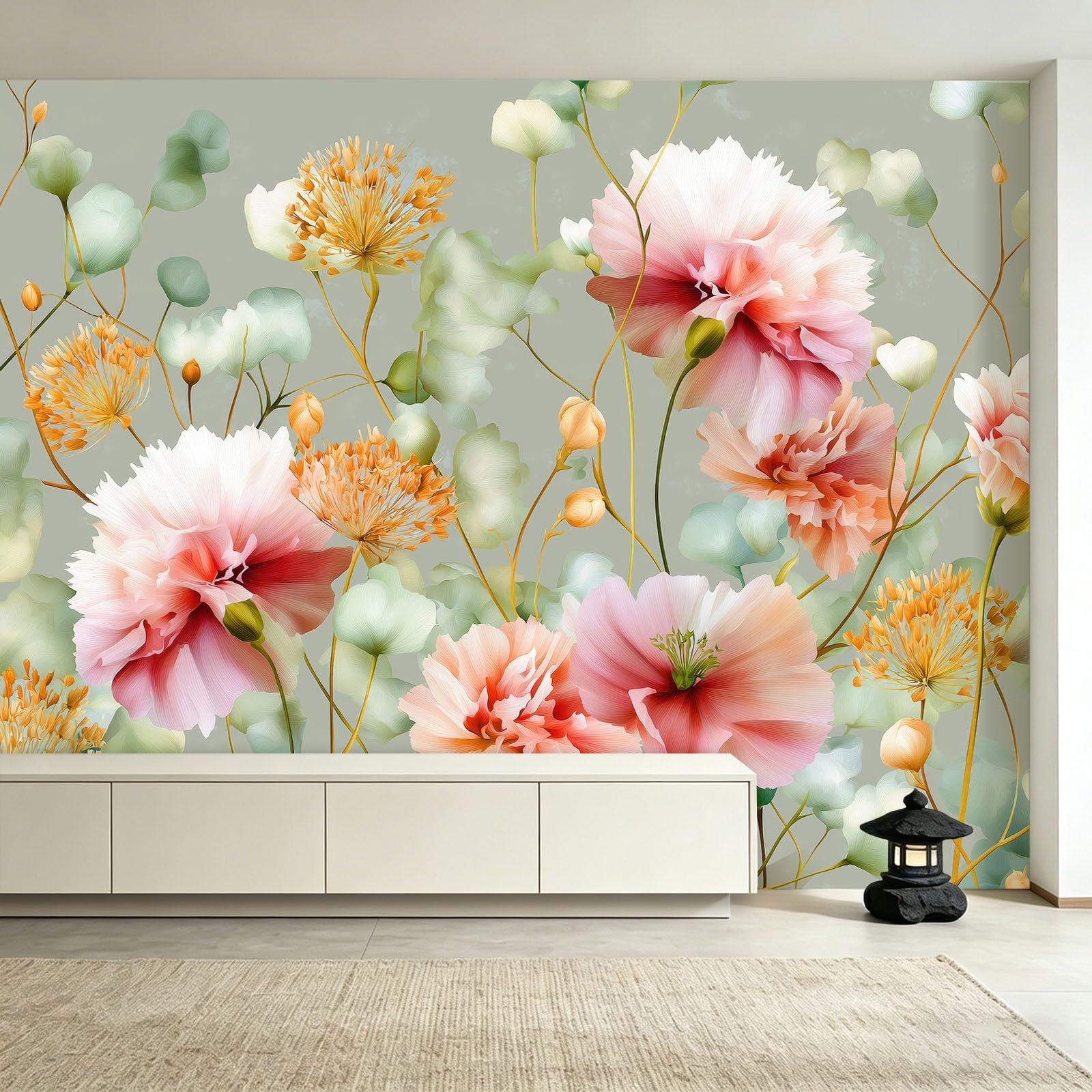 Fototapeta z efektem 3D, 350 x 256 cm, kwiatowe goździki, liście, motyw włókniny, tapeta ścienna, akwarela, nowoczesna tapeta ścienna do salonu, sypialni, łazienki, kuchni, dekoracja ścienna
