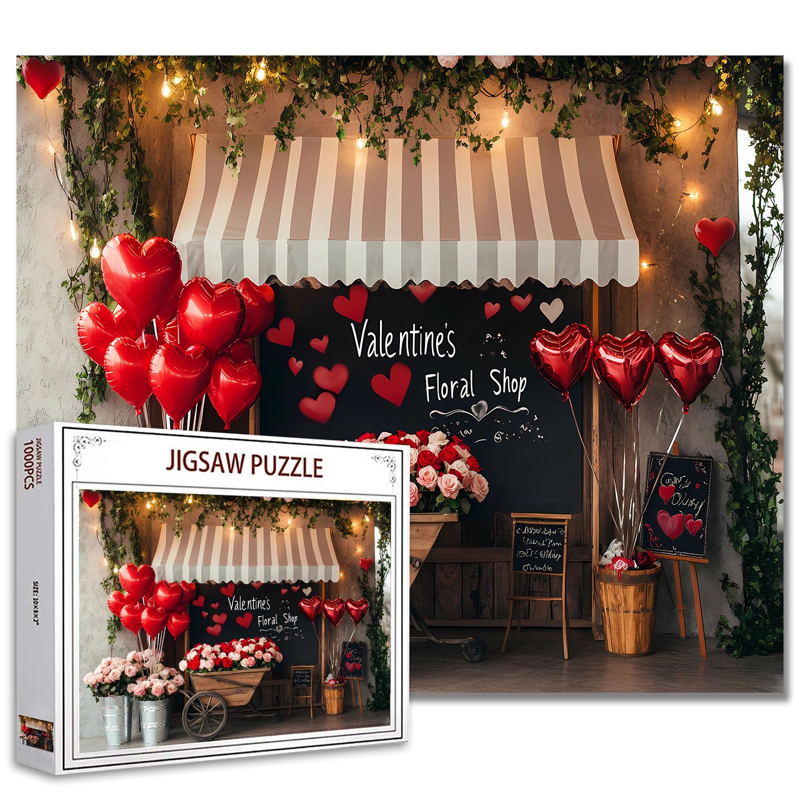 Romantic Valentine's Day Jigsaw Puzzles 1000 Pieces for Adults, Valentine's Floral Shop Scence Leaves 20''x27''Inch Valentine's Day Theme Puzzle Art for Couple Love Puzzle Lovers — image 1