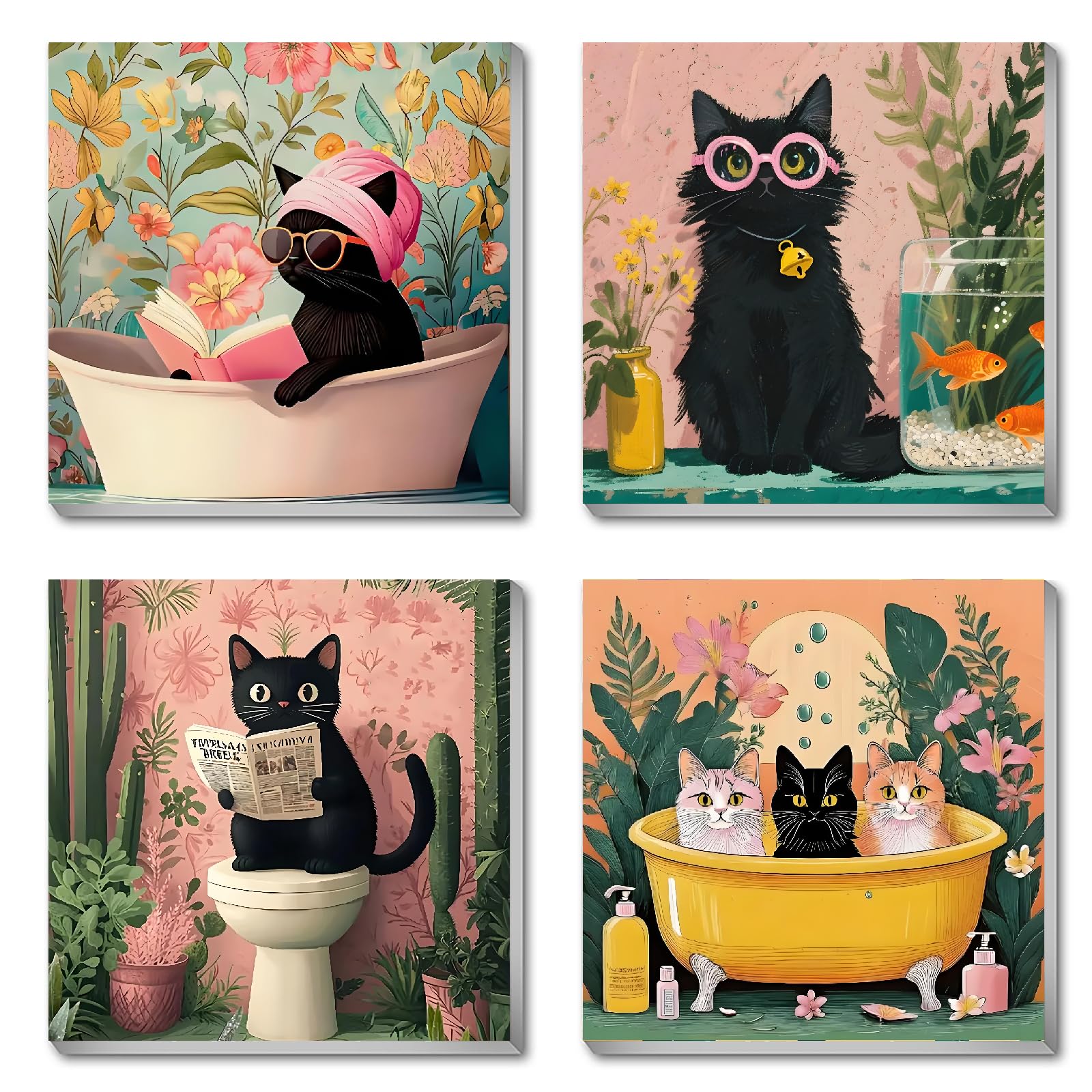 BEAYIOU 4 Pack Cat Paint by Numbers for Beginner,Black Cat Adult Paint by Number Kits on Canvas Framed, DIY Number Paintings for Adults for Wall Home Decor 8X 8 inch