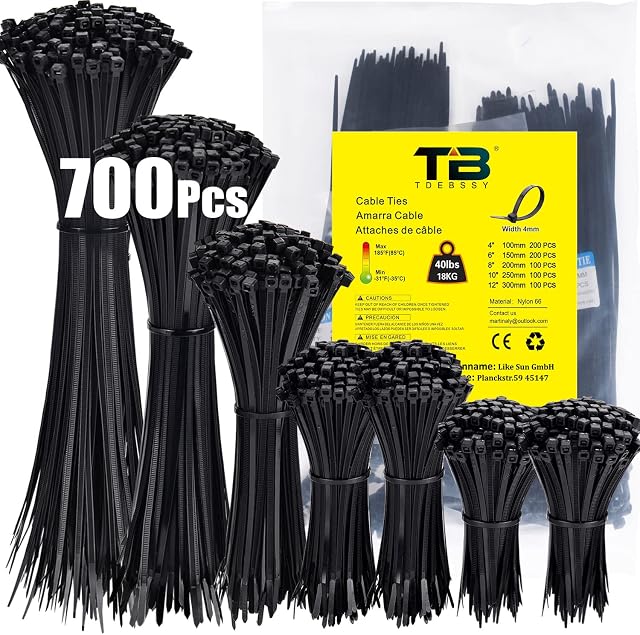 700 Pack Cable Ties Assorted Sizes 100/150/200/250/300mm Black Cable Zip Ties Heavy Duty Tie Wraps Assorted Plastic Zip Ties 40lbs Wire Ties Black Small Nylon Plastic Cable Ties for Indoor and Outdoor