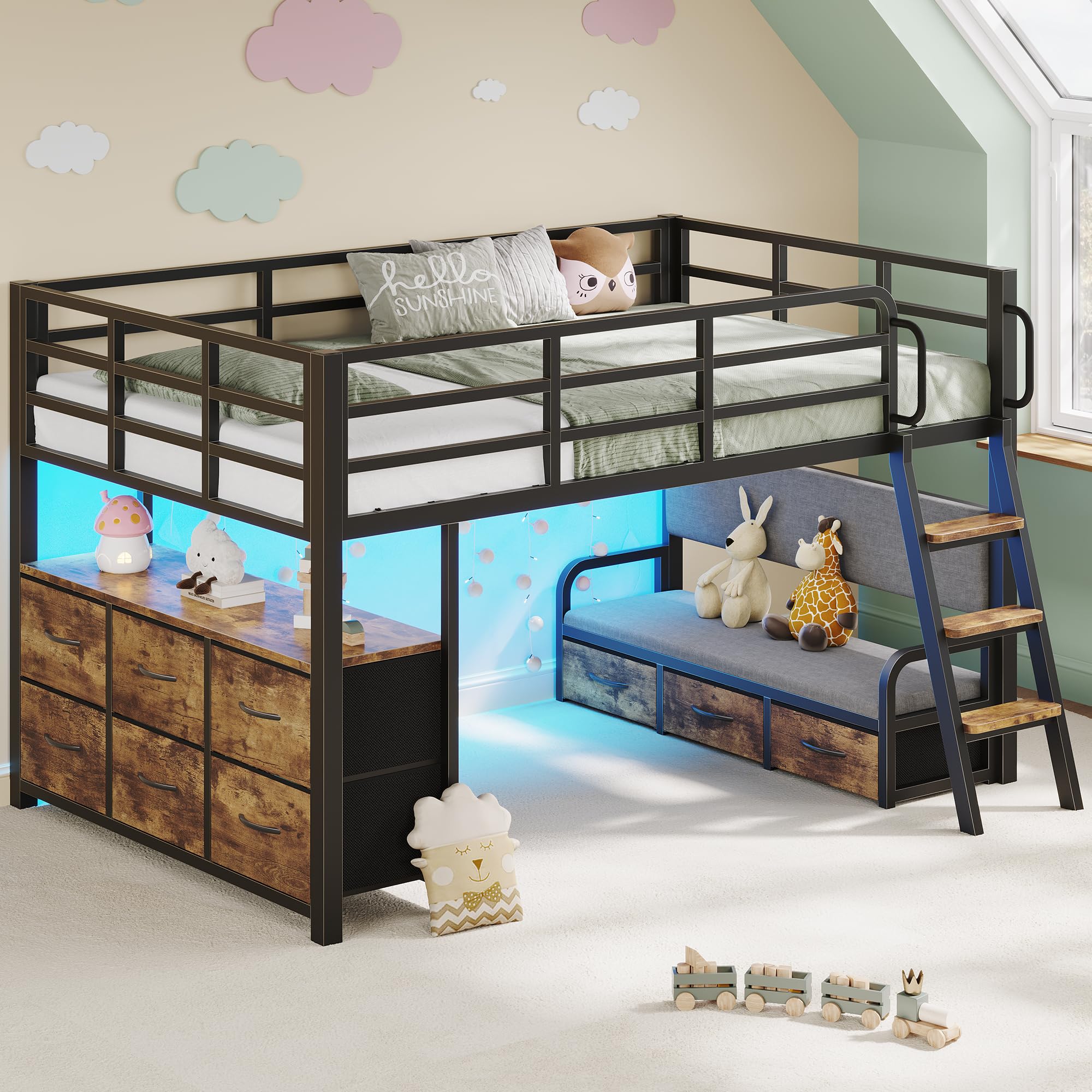 busyaeh Low Loft Bed Twin with 9 Storage Drawers