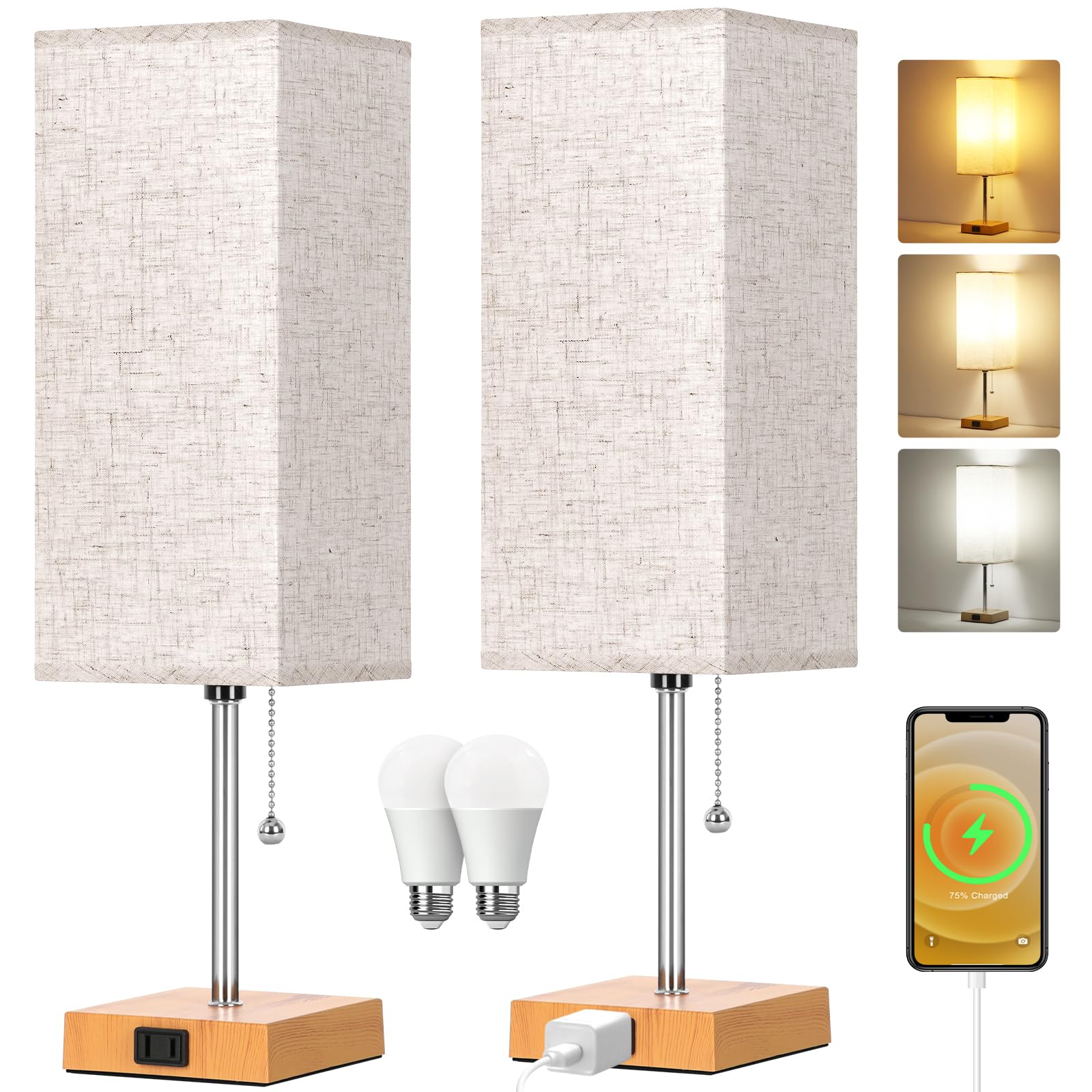 Bedside Table Lamp - 3 Color Modes & AC Outlet -14 Bedside Table Lamp - 3 Color Modes & AC Outlet -14