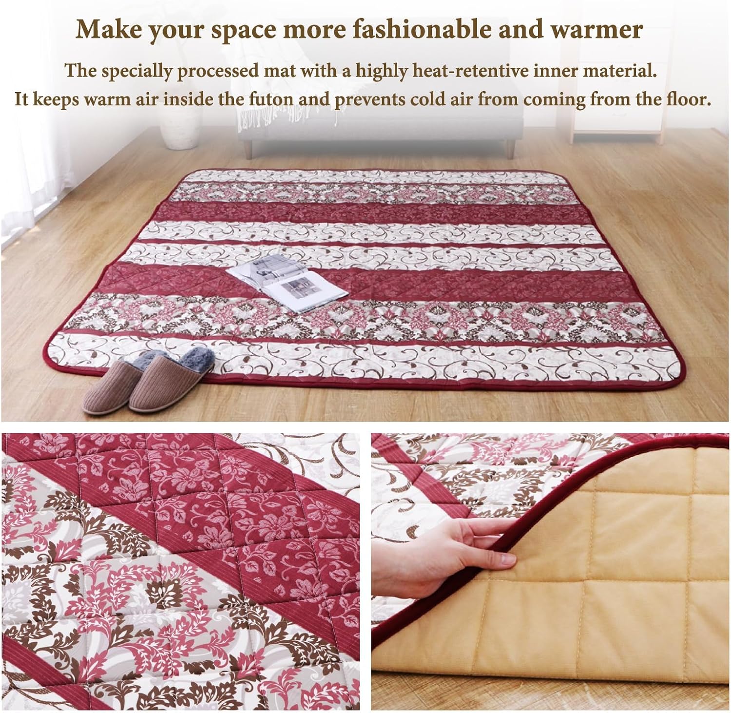 IKEHIKO Kotatsu Futon & Mat Set Comforter, Fluffy Premium Cotton Flannel, Red Square Rectangle Shape Heater Blanket Table, Japanese Craftsman, Made in Japan 2676 (Futon:205×315cm & Mat:190×290cm)