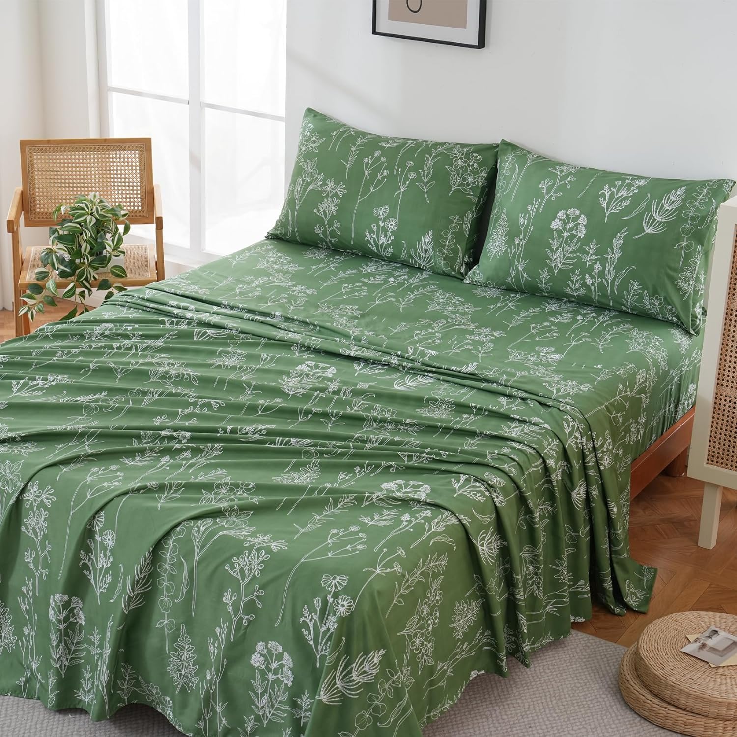 Yibeizi Green Floral Sheet Set Queen, Botanical Rustic Pattern Bed Sheets Boho Bedding Sheets & Pillowcases Soft Microfiber 15" Extra Deep Pocket Fitted Bedsheet 4 Piece