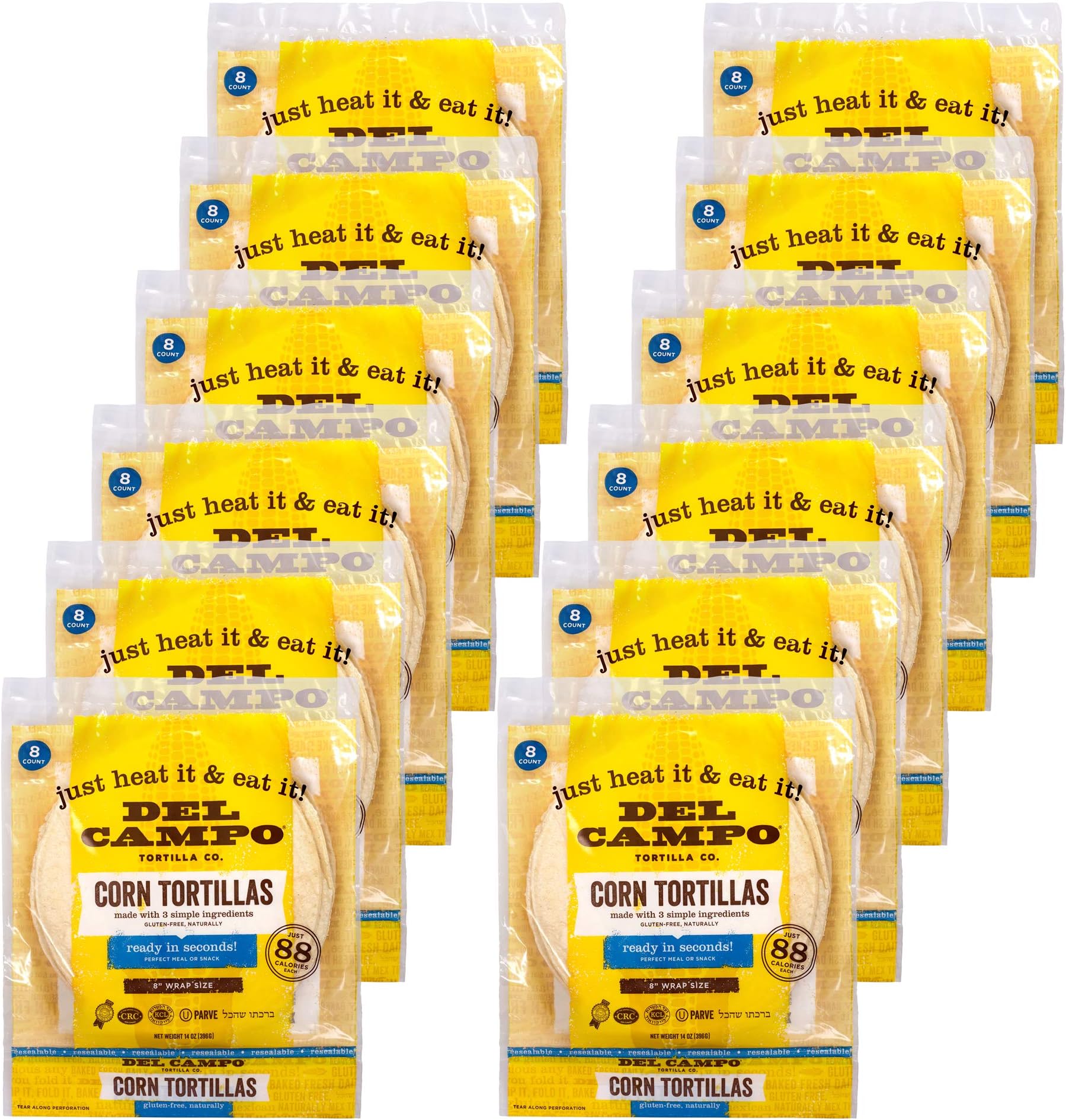 Del Campo Soft Corn Tortillas – 8 Inch Round. 100% Delicious, Gluten Free and All-Corn Authentic Mexican Food. Many Serving Options: Wraps, Tacos, Quesadillas or Burritos, Kosher. (8ct.) (12 Pack Case)