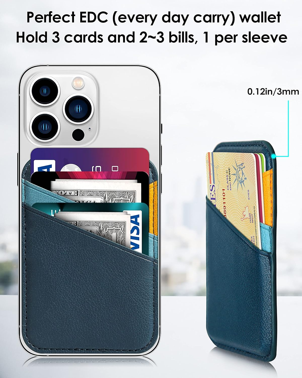 Image showing a Miroddi MagSafe Wallet attached to an iPhone, with multiple cards inserted into its slots, highlighting its slim profile.