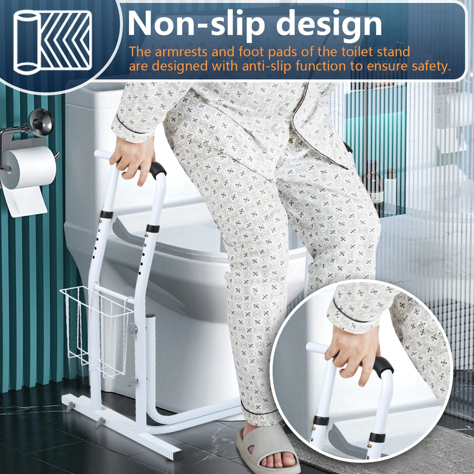 Supporto per WC mobile con cestino, supporto per WC regolabile in altezza, portata fino a 140 kg, supporto WC per anziani, disattivato, donne incinte