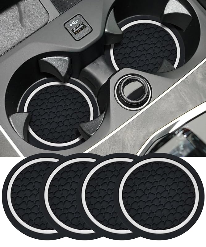 Kit com 4 Porta-Copos para Carro UBOG Redondos em PVC com Textura Colmeia, 6,99 cm, Preto e Branco