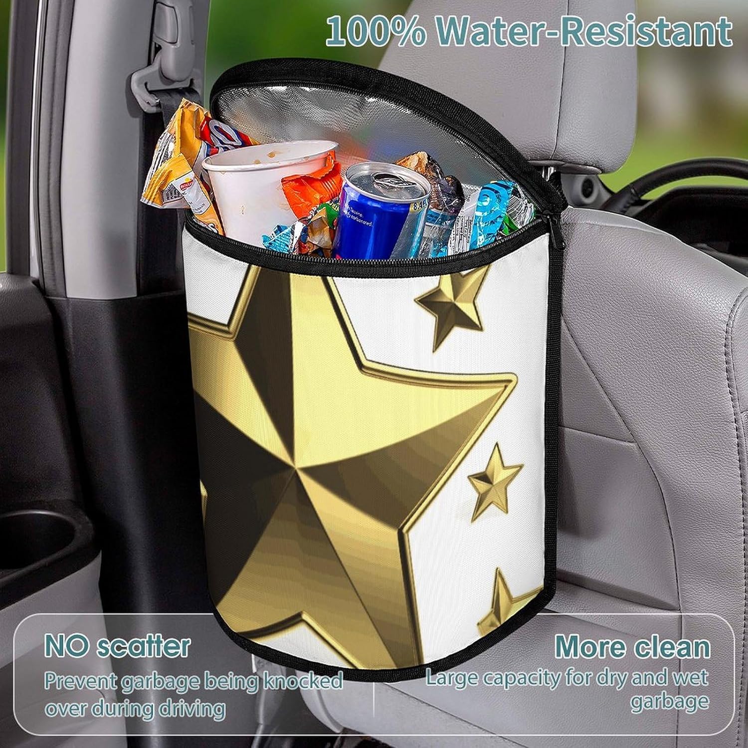 MUSM Leakproof Car Trash Can 2.5 Gallon, Durable Automotive Garbage Bag with Waterproof Liner, Gold Star Trash Bag for Car, Truck, RV & Bathroom