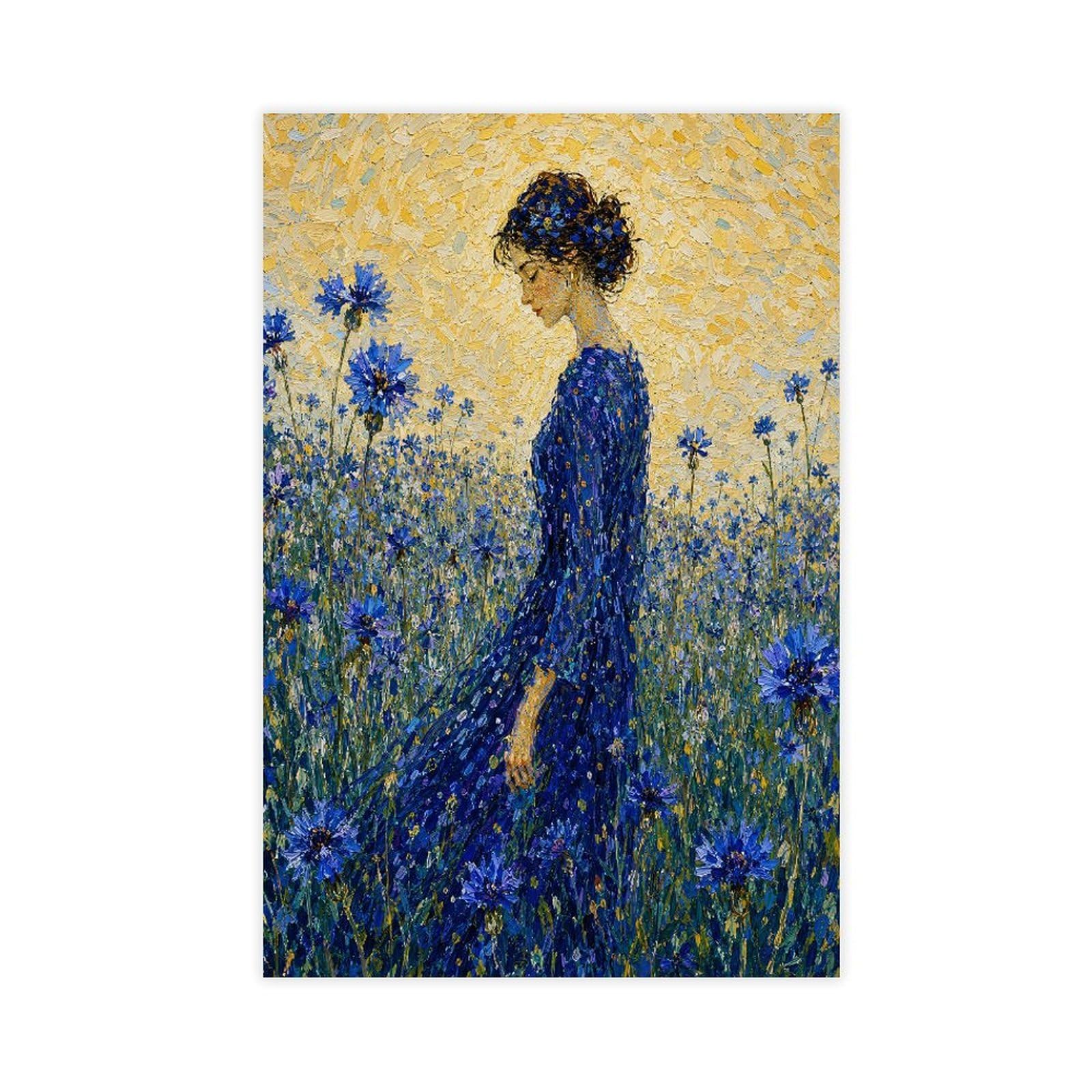 W7c8u2x3 Unframe-Style-13 Woman In Blue Flower Field Canvas Wall Art, Impressionist Art
