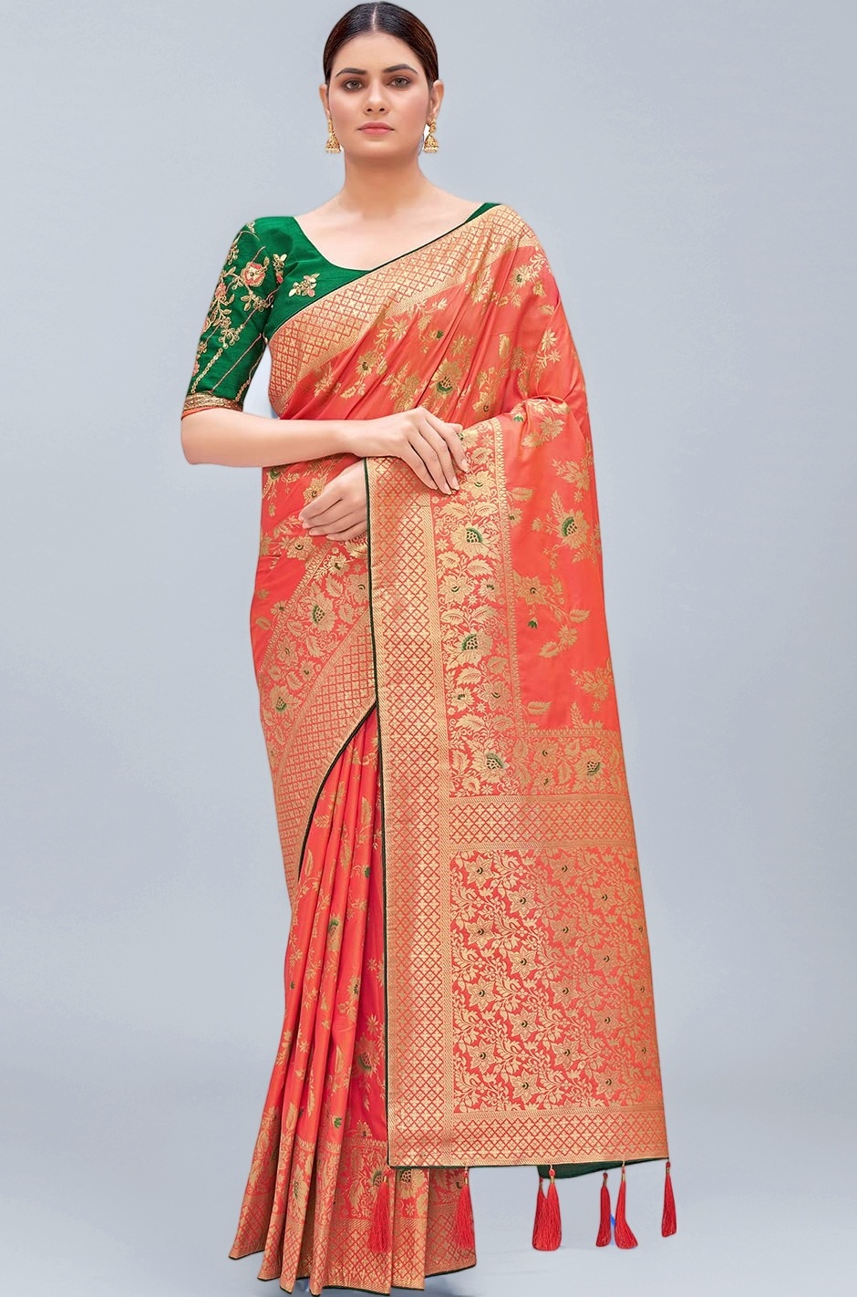 Monjolika Fashion Women's Banarasi Silk Blend Zari Woven Work With Tussles Saree and Embroidered Work Blouse Piece(37769 color)