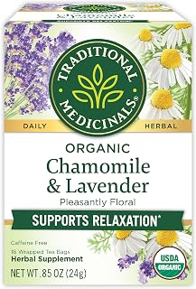 Traditional Medicinals Organic Chamomile & Lavender Tea - Stress Relief Relaxation Caffeine-Free Herbal Tea 16 Bags