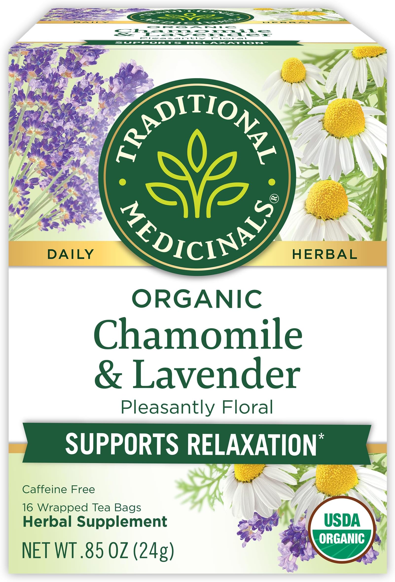 Traditional Medicinals Organic, Chamomile & Lavender - Chamomile Tea Supporting Stress Relief and Relaxation - Kosher, Non-GMO, Caffeine-Free, Compostable - 16 Tea Bags