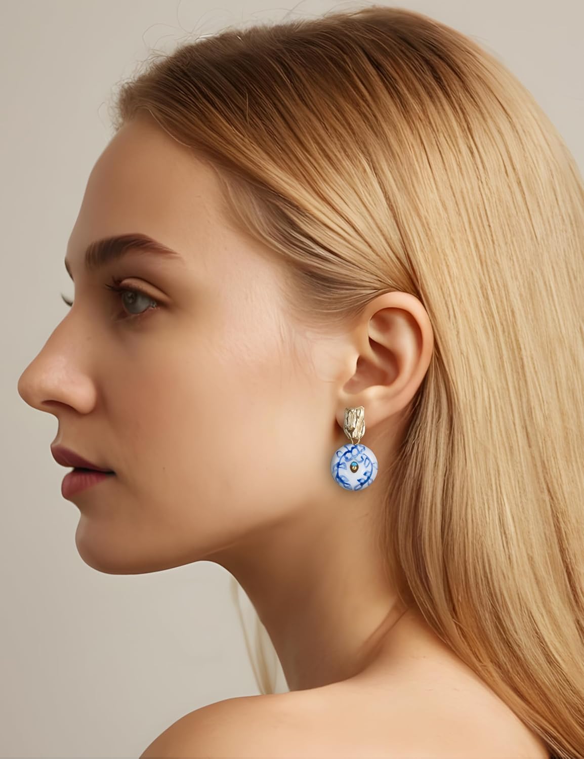 Blue and White Porcelain Earrings for Sensitive Ears Chinese Ceramic 18K Gold-Plated Handcrafted Vintage Jewelry for Women - Image 3