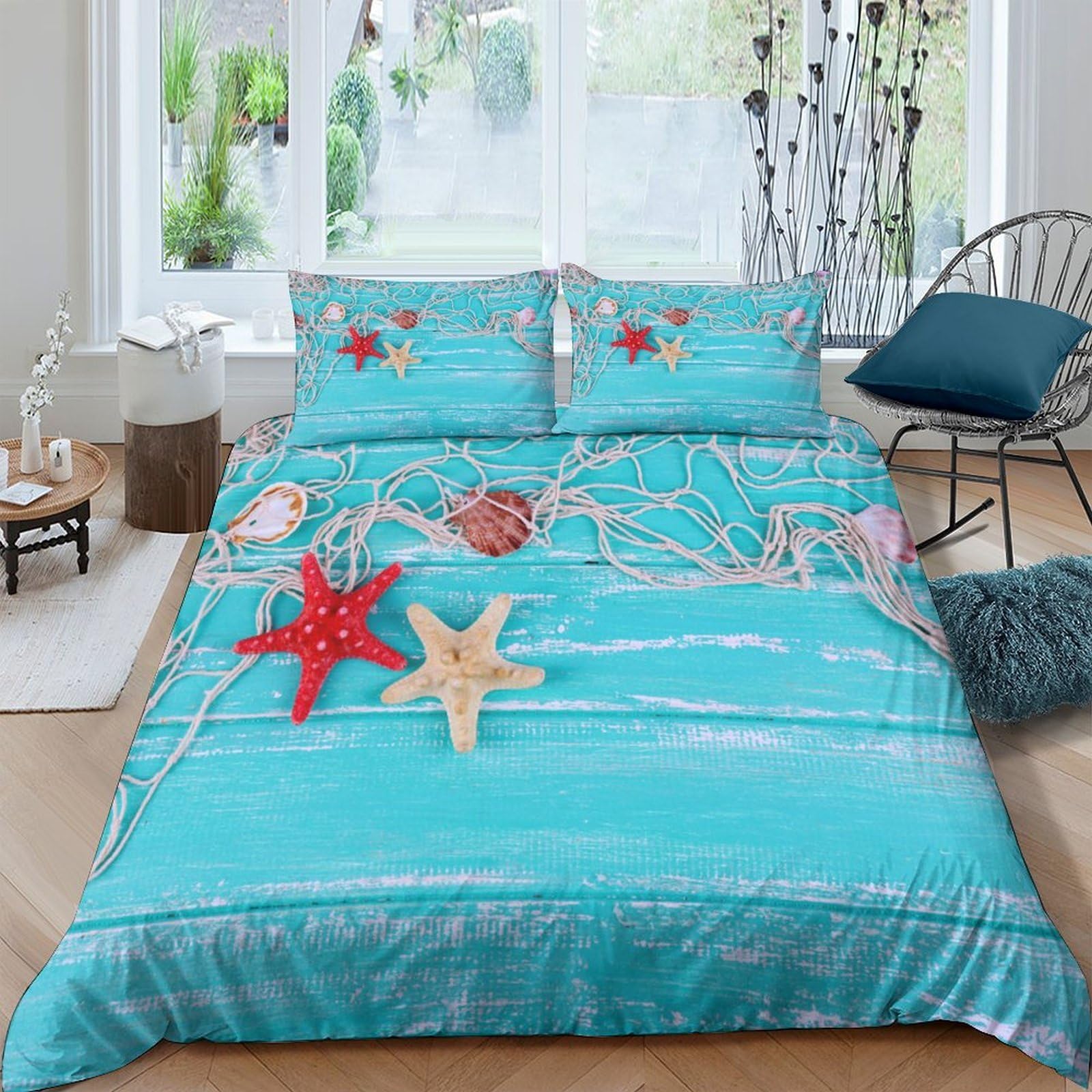 Ctjqhvkz Style-9 3D Printed Ocean Starfish Fitted Sheet Microfiber Soft Blue Seashell Mattress Cover For Home Bedroom Decor Single（135X200cm）