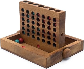 Wooden 4 in-Row Travel Set | Wood Connect Line Traditional Family Board | Strategy | Classic Table Premium Handmade Unique Gift & Table Accent Red & Blue