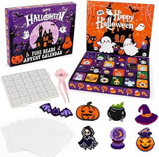 Halloween Fuse Beads Advent Calendar 2026, DIY Bead Craft Kit Blind Box | Halloween fuse bead craft kit with ghost, pumpkin, bat, cat and candy designs for fall parties, decor and DIY crafting