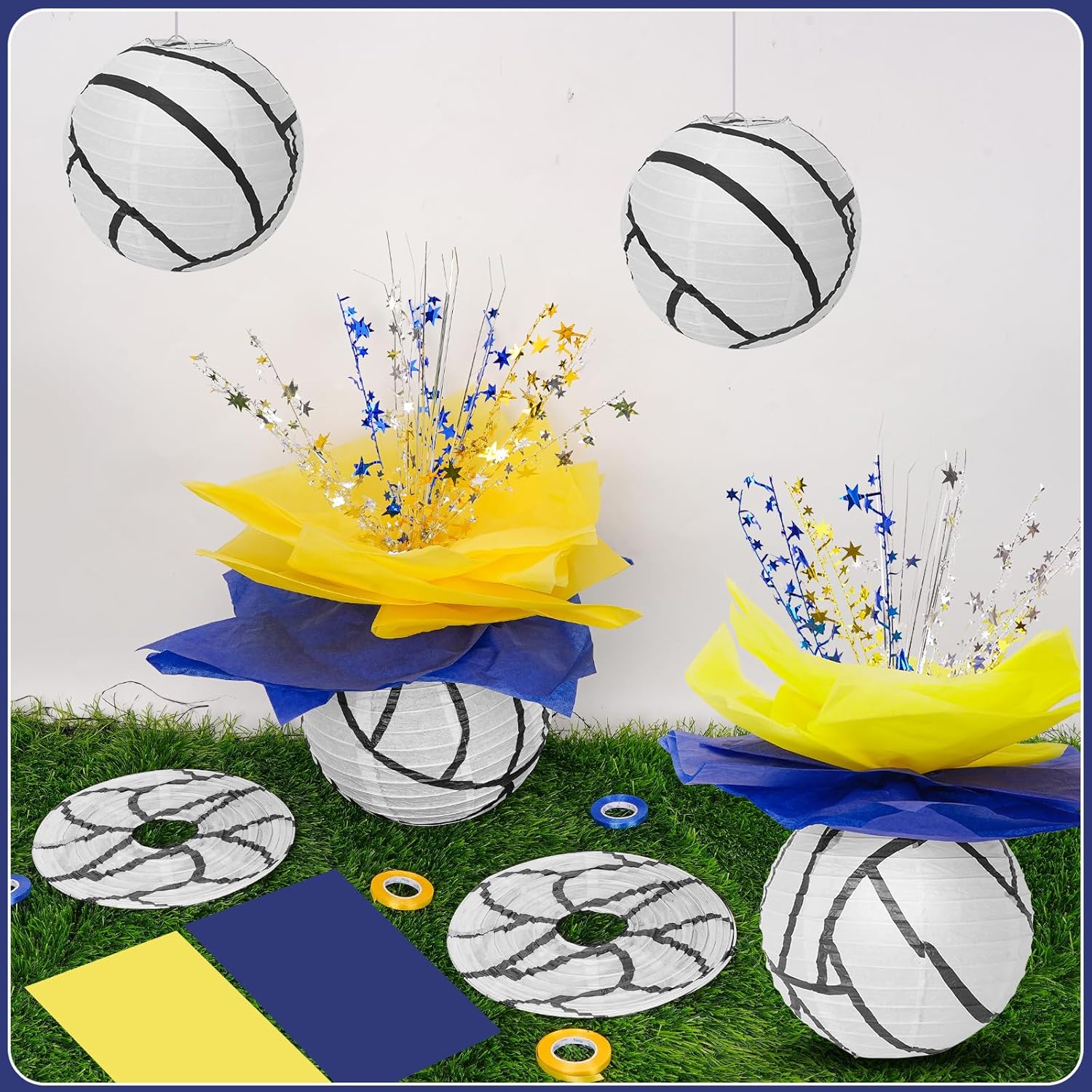 72 Pieces Volleyball Paper Lanterns Centerpieces Decorations Volleyball Lanterns with Metallic Foil Centerpiece Wrapping Paper and Ribbons for Volleyball Birthday Party (72 PCS, Volleyball)