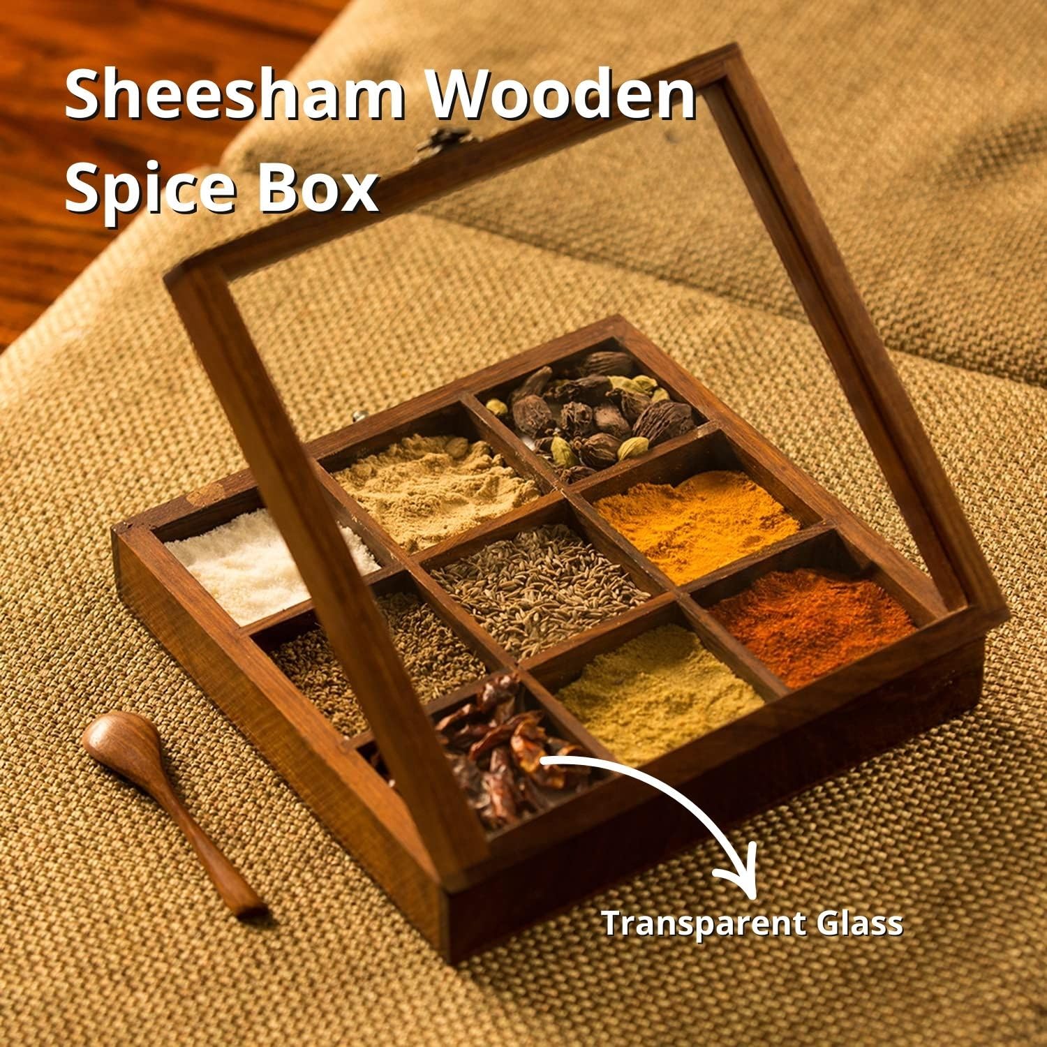 SuperGeneriX Wooden Spicebox with 9 Containers | Compact & Sustainable Masala Box with Spoon & Glass Lid for Kitchen | Rustic Wooden Spice Storage for Herbs & Spices (7.5