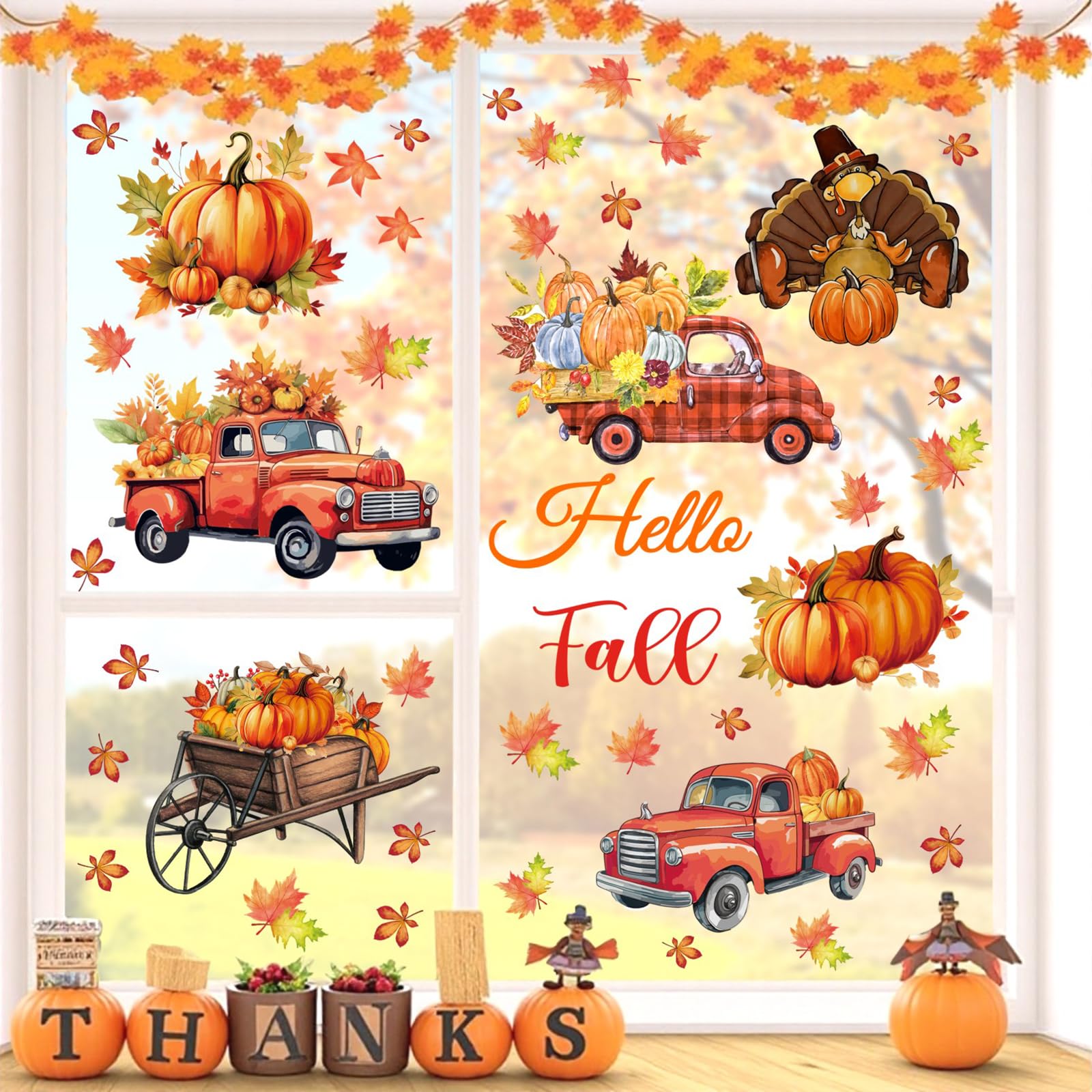 TOARTi Fall Window Stickers,Fall Car Window Decals,Maple Leaves Window Stickers,Thanksgiving Gifts Decals,DIY Vinly Pumpkin Wall Decoration Falling Leaf Decor for LivingRoom Bedroom Nursery Door Decor