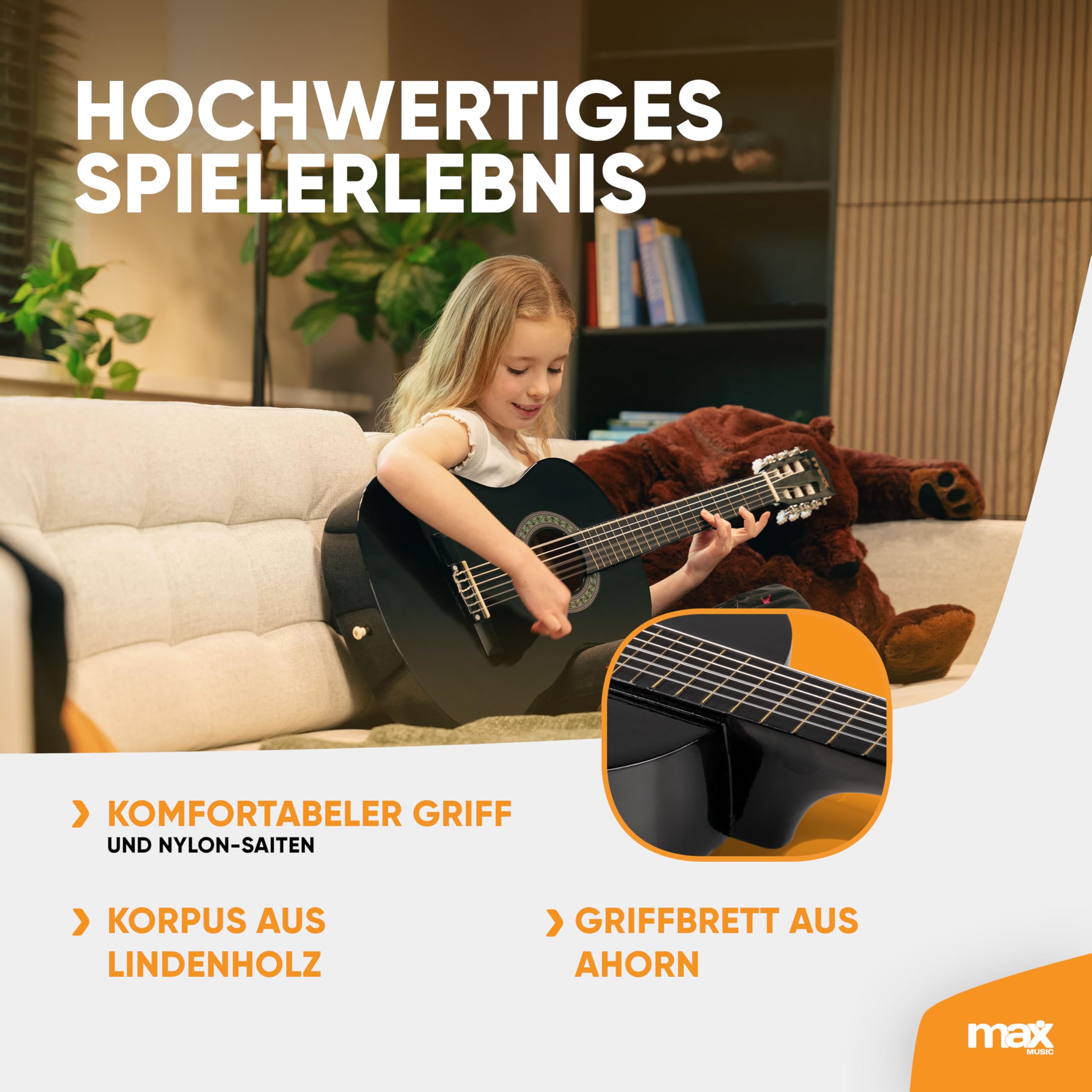 MAX SoloArt - Gitarre 3/4 Kindergitarre ab 6 Jahre, Junior Akustik Gitarre inkl. Gitarrenständer, Tasche, Plektrum, Gurt und Saiten-Zubehör, 3/4 Guitar Kinder ab 6 Jahren in Schwarz
