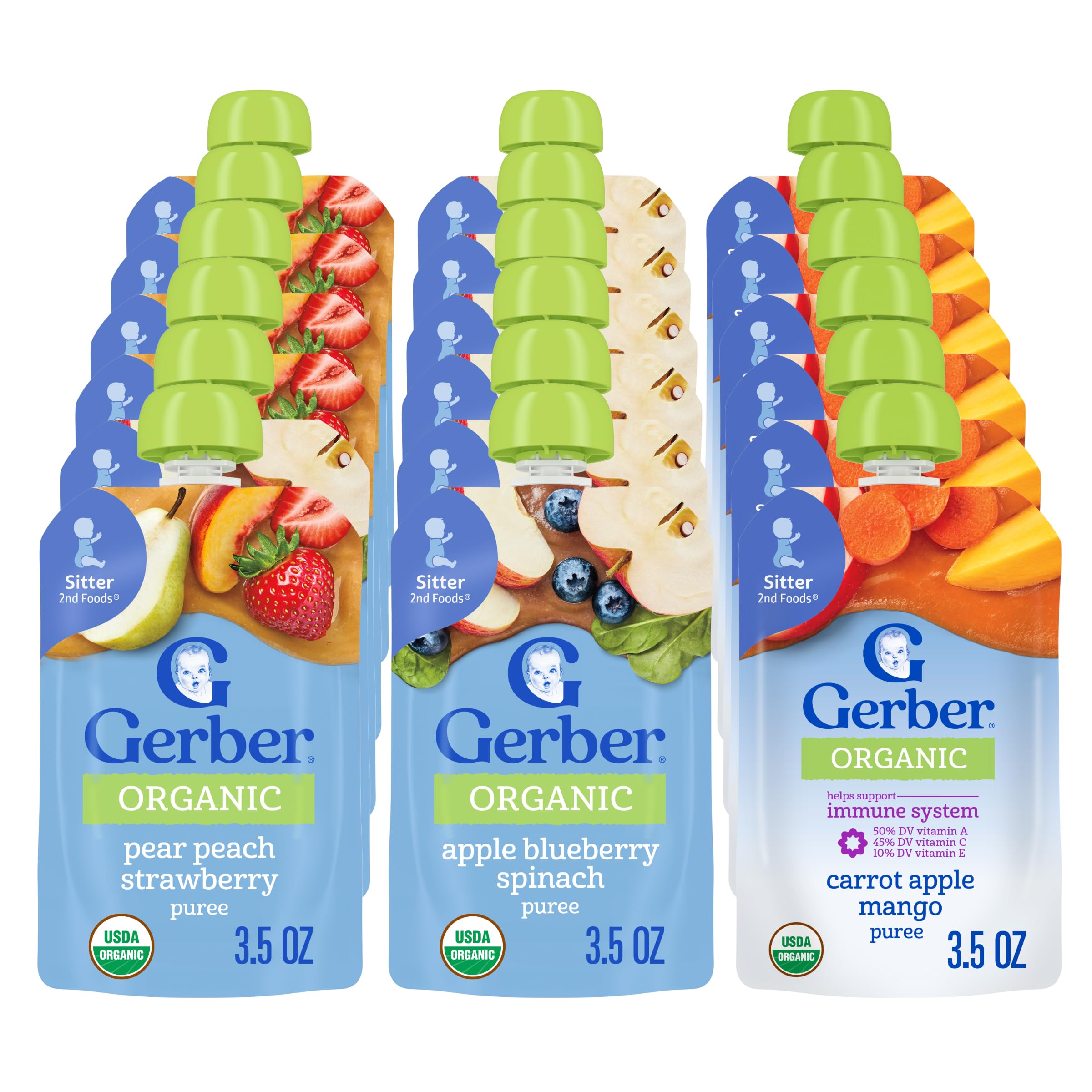 Gerber Stage 2 Baby Food, Organic Apple Blueberry Spinach, Pear Peach Strawberry, and Carrot Apple Mango Puree Pouches, 18-PackUSDA Organic