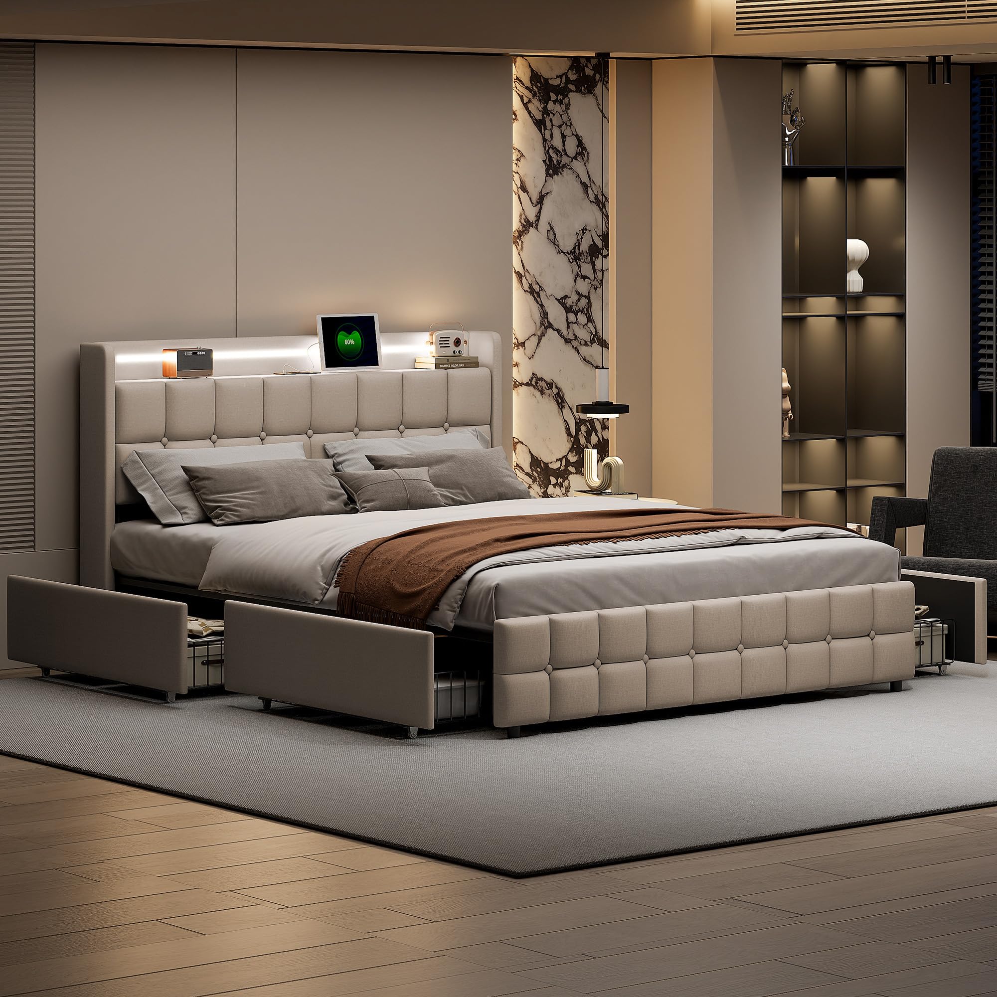 Polsterbett 180x200 mit LED, Doppelbett mit 4 Schubladen Stauraum und Kopfteil, Stauraumbett Jugendbett mit USB & Type-C, Bettgestell mit Lattenrost,Leinen in Beige, Ohne Matratze