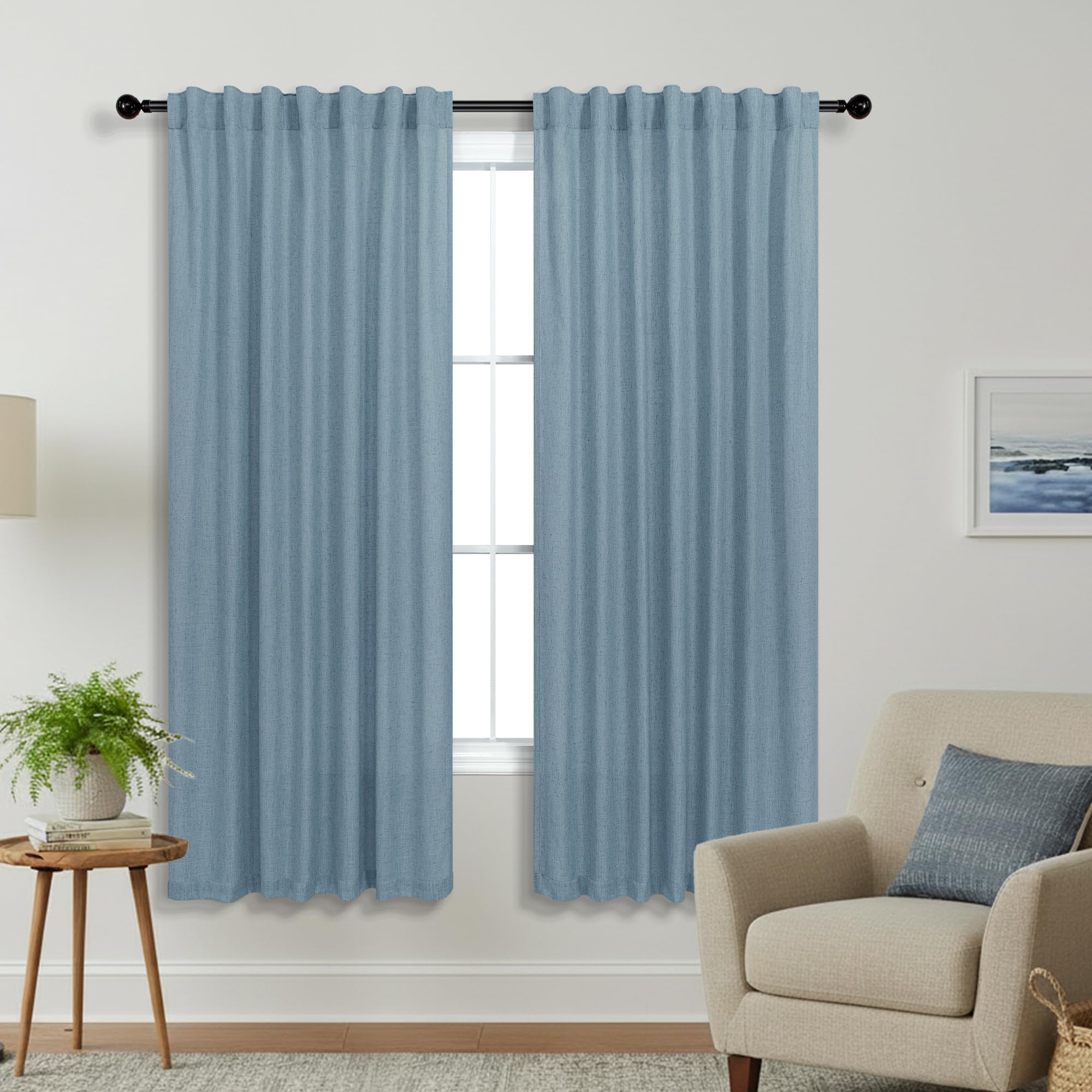 KOUFALL Stone Blue Back Tab Rod Pocket Linen Sheer Curtains for Bedroom 52x72 Inch Length