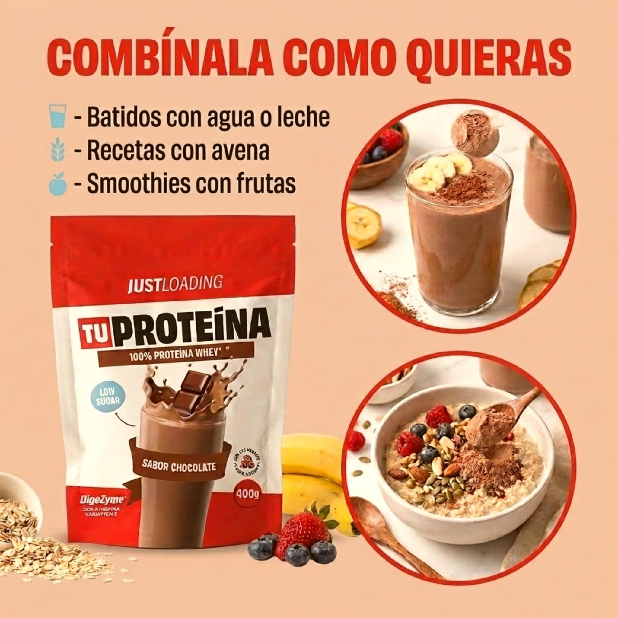 JustLoading Proteína Whey Chocolate 22,5g | DigeZyme | Rendimiento | 2x400g