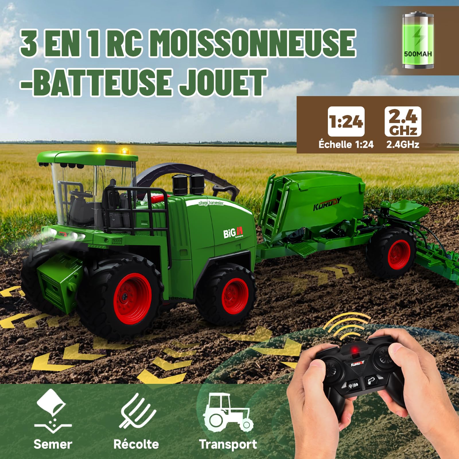 Ulikey Moissonneuse Batteuse Télécommandée 2,4 GHz Tracteur Électrique Enfant avec Lumière Remorque Jouet Ferme Cadeau Anniversaire 3-7 Ans