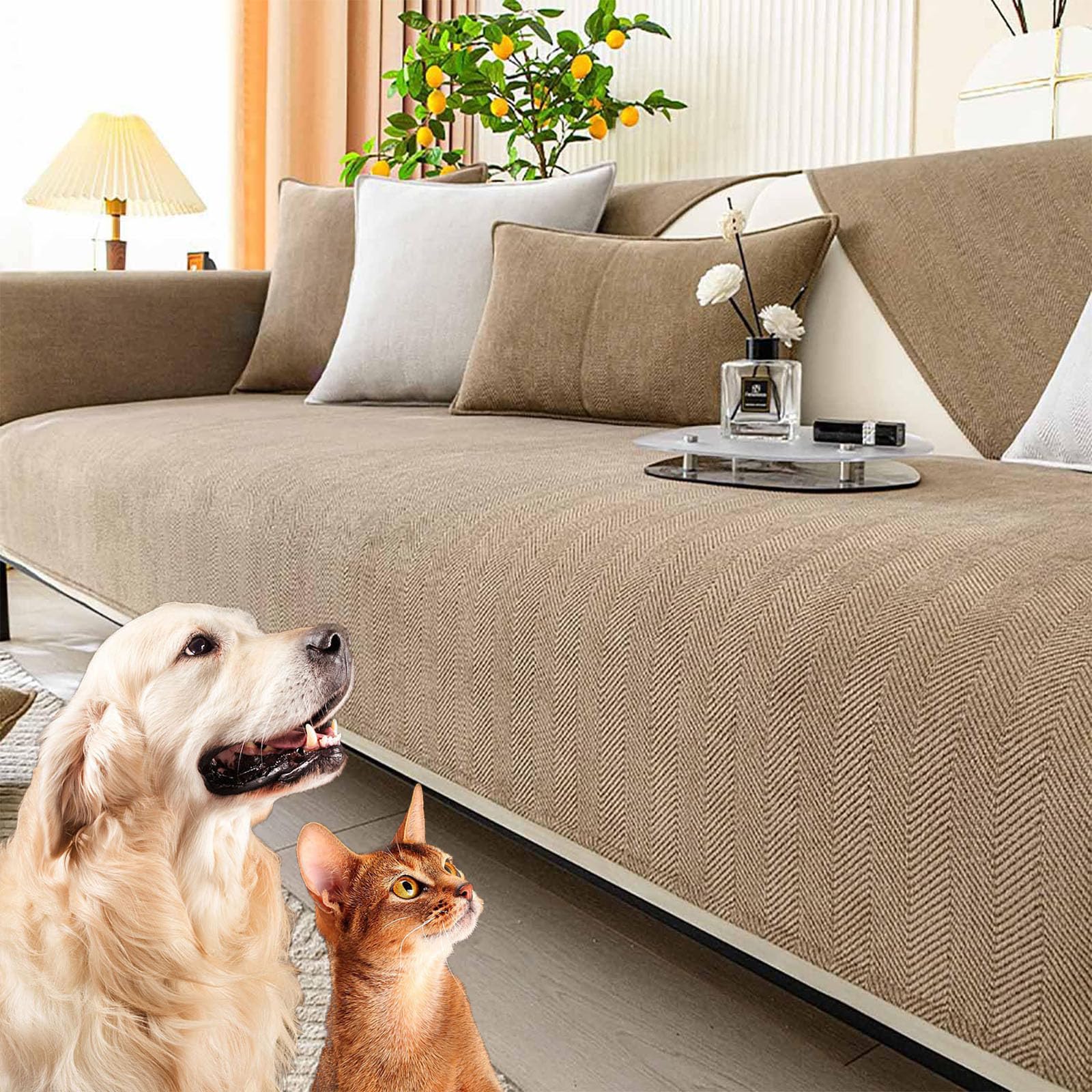 YeeKeniO Coverfect Herringbone Chenille Sofa Cover, Coverfect Couch Covers Non Slip, Chenille Sectional Sofa Couch Covers for Dog (Milk Brown,70 *