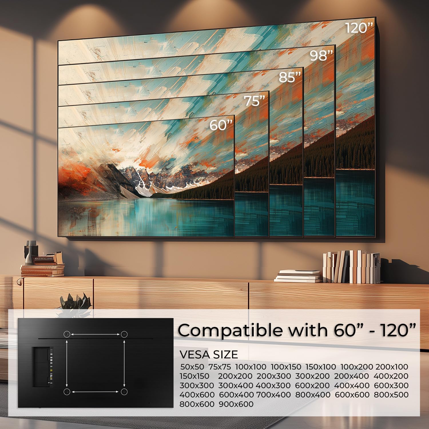 Diagram showing VESA compatibility and screen sizes for Maclean MC-750N