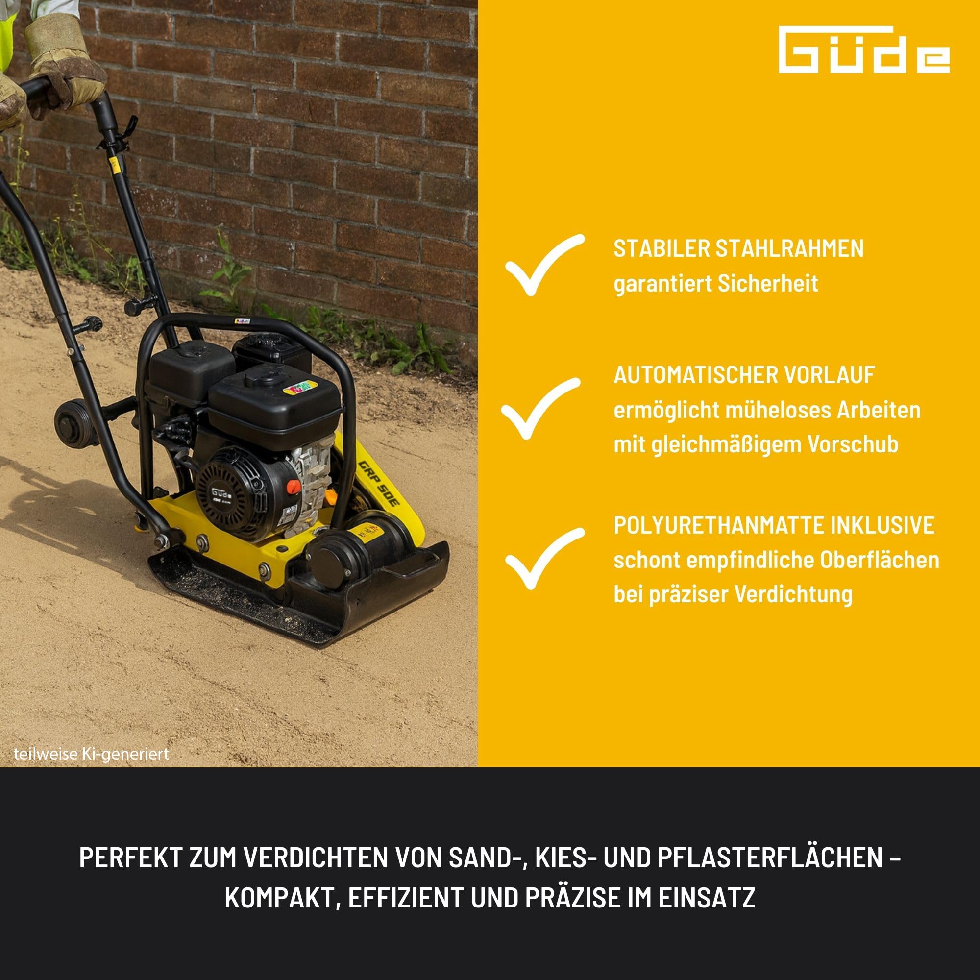 Güde GRP 50E Rüttelplatte - 4-Takt-Motor, 196 Kubikzentimeter Hubraum, 4,1 Kilowatt, 5,5 PS, 43 x 30 Zentimeter Arbeitsplatte, 8,5 kN Verdichtungsdruck, 20 m/min Vorlauf, Polyurethanmatte, Fahrwerk