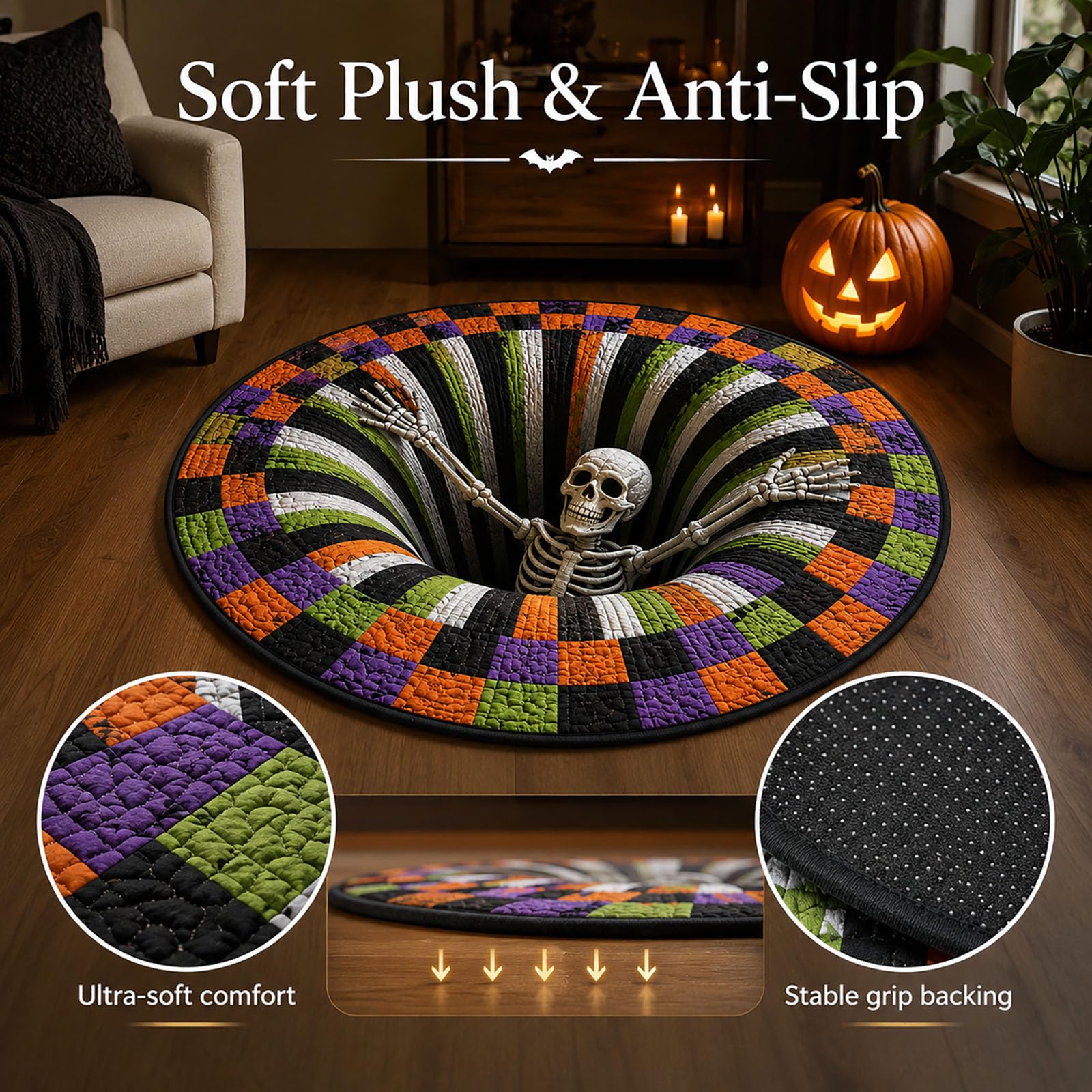 Tappeto 3D con Scheletro e Illusione Ottica Senza Fondo, Decorazioni spettrali 3D per la casa in Occasione di Halloween (6,A)