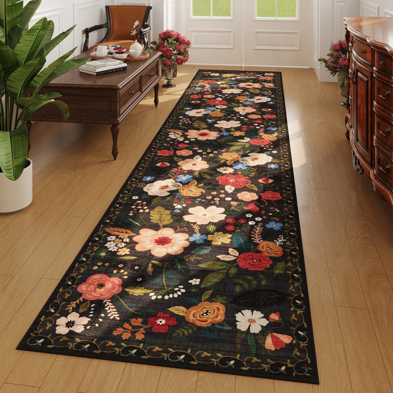 Rugcomf Runners for Hallways Kitchen Runner Rug Non Slip 2'x 10' Long Washable Runner Rugs with Rubber Backing Soft Floral Carpet Runner for Hallways, Kitchen, Laundry, Bedroom, Bathroom(Black) — image 1