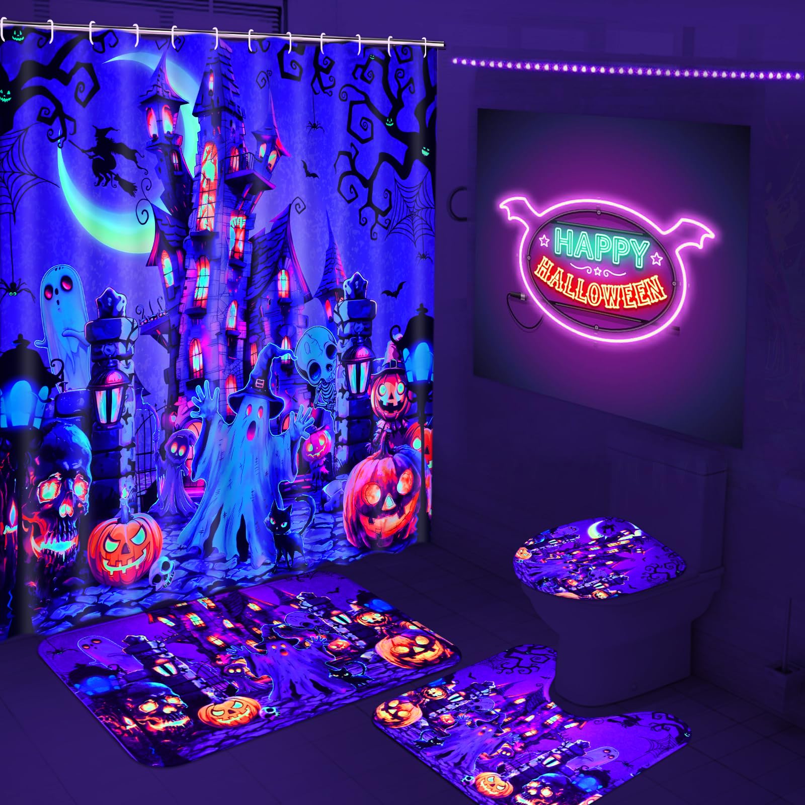 Likiyol Blacklight Halloween Shower Curtain Sets Funny Spooky Ghost Bathroom Sets with Shower Curtain and Rugs, Castle Skull Pumpkin Shower Curtains for Bathroom Decor