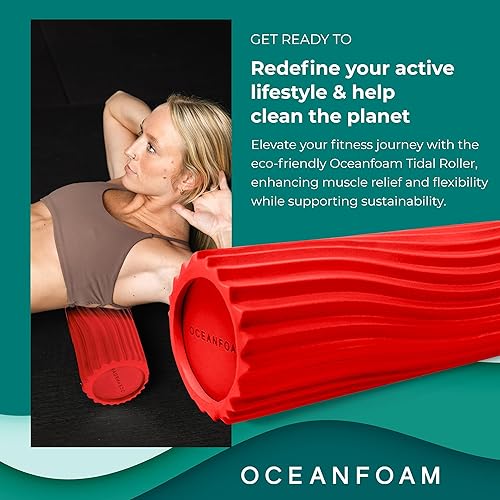 Miniatura 48 de Oceanfoam Tidal Roller - Rojo, Azul Marino Oscuro y Natural Marmóreo - Rodillo de espuma para masaje muscular para dolor de espalda y estiramiento -