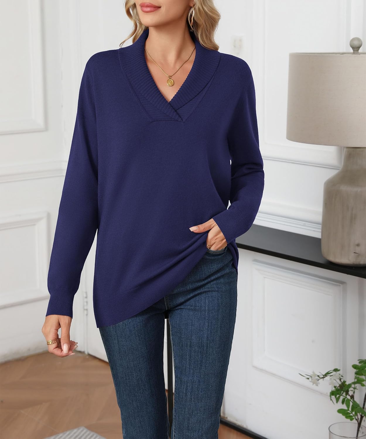 HIYIYEZI Sweaters for Women 2025 Fall Long Sleeve V Neck Collared Knitted Pullover Sweaters - Image 3